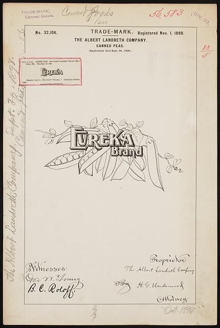 Photo:Albert Landreth Co Eureka Brand Canned Peas Trademark 1898