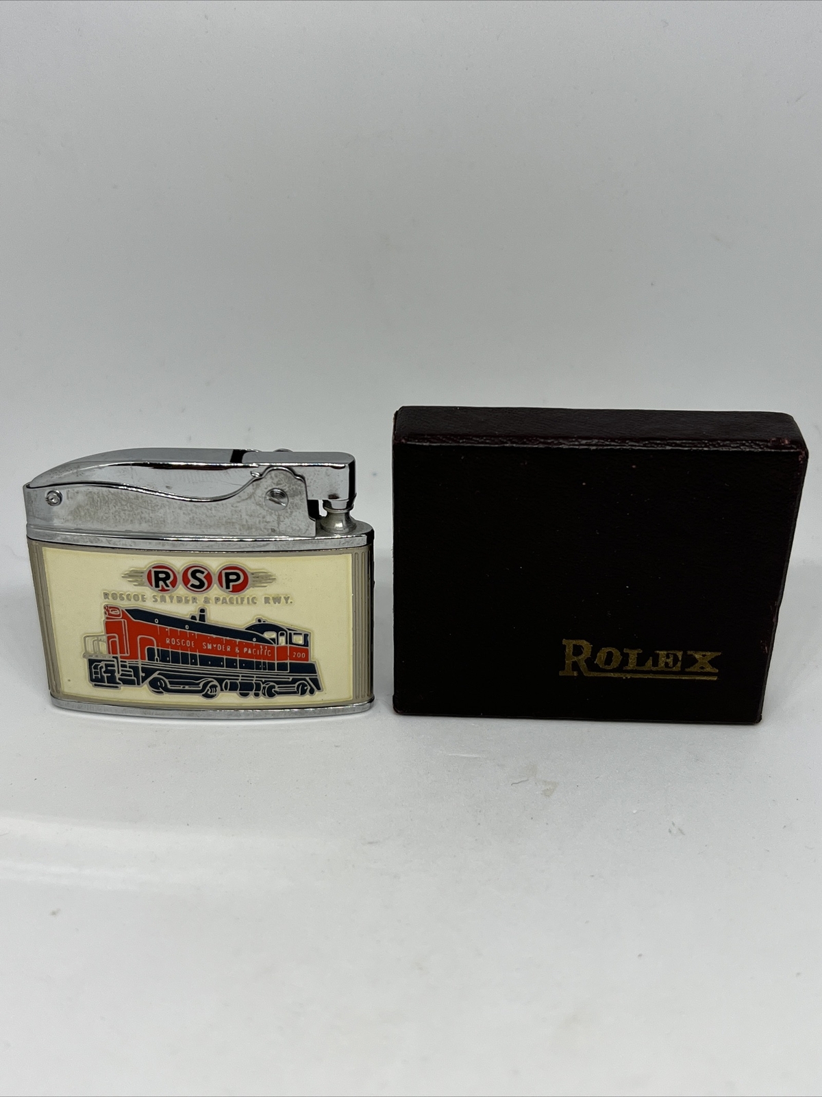 ROLEX Roscoe Snyder Pacific RSP Railway FLAT ADVERTISING TRAIN LIGHTER w/Box