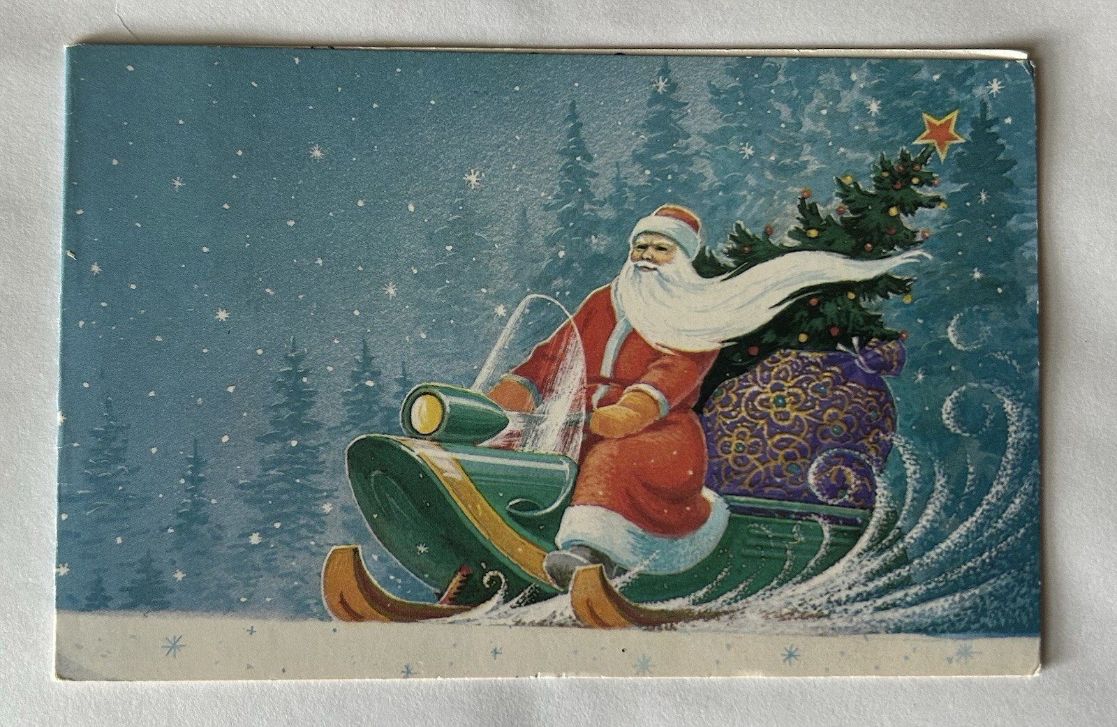 Vintage Christmas Card Russian Santa Riding Snow Mobile S30