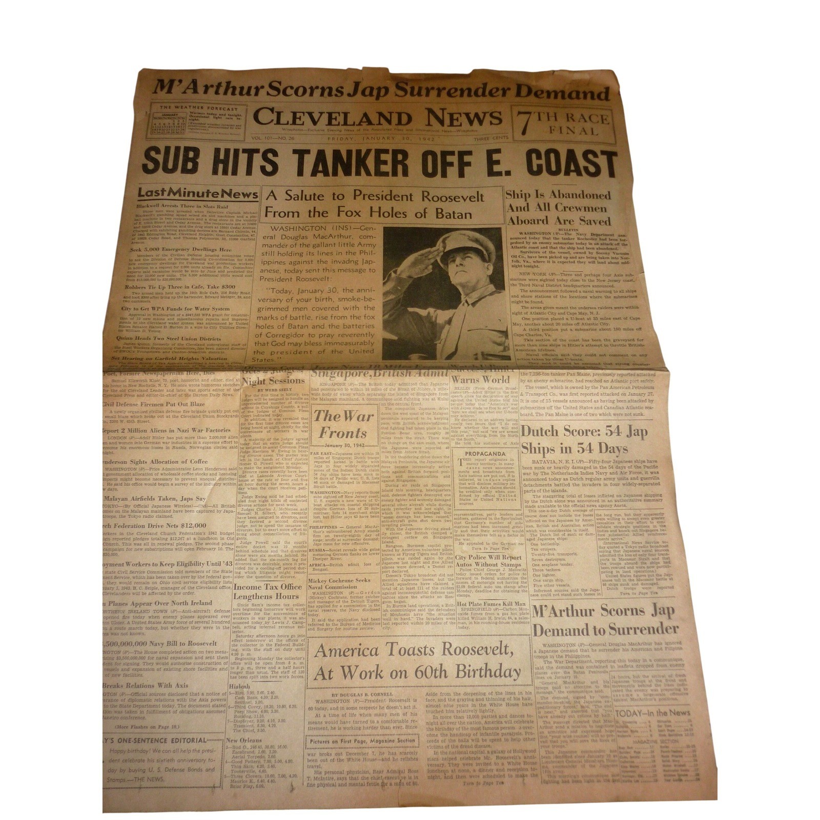 Jan 30 1942 Cleveland News WWII Newspaper Sub Hits Tanker MacArthur Bataan