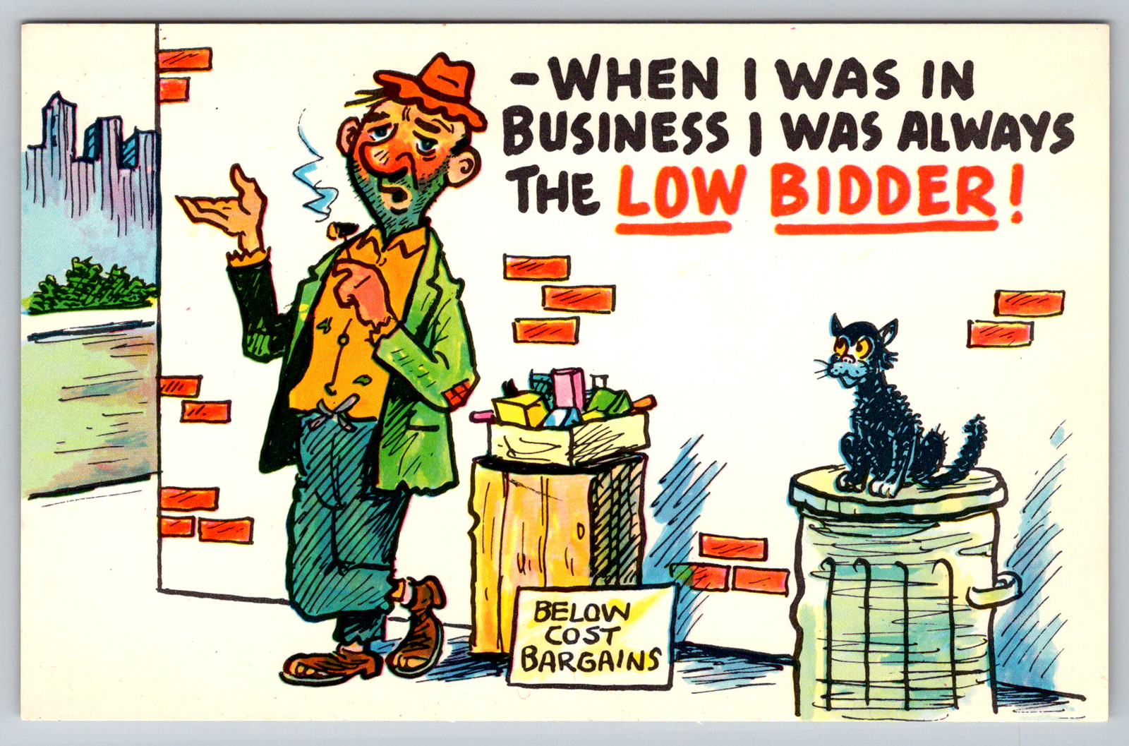 c1960s Homeless Hobo Bum Low Bidder Comic Humor Funny Chrome Postcard
