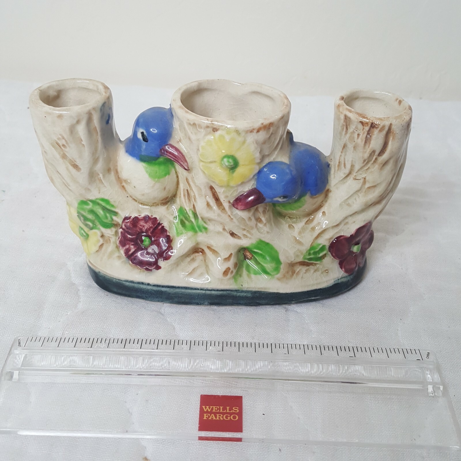 VTG Occupied Japan 2 Blue Bird 3 Section Ceramic Planter Vase  5 x 3.5 x 2.25