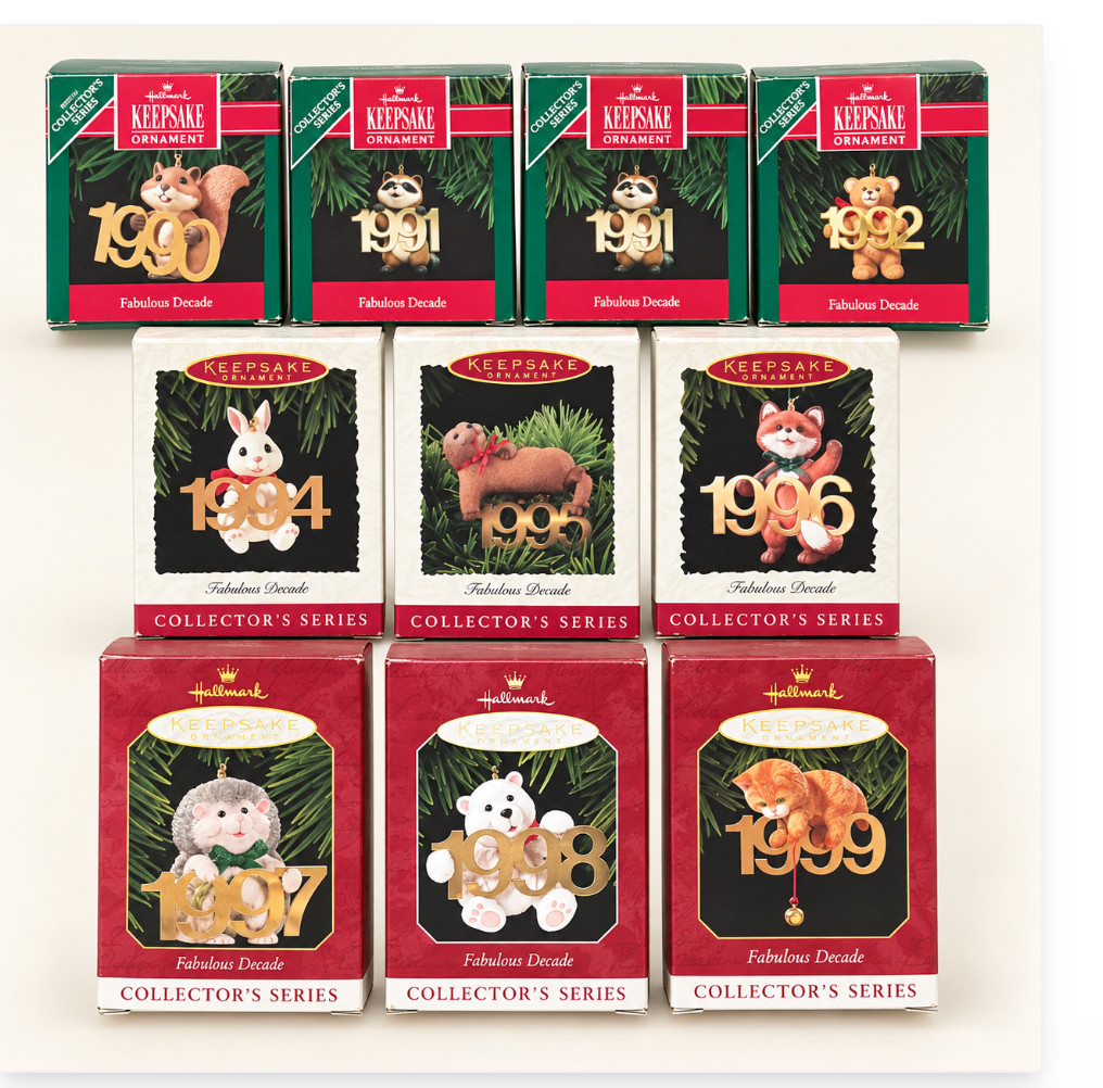 Hallmark Fabulous Decade Ornaments 1990-1999 Lot 10 Missing 1993 + Duplicate Hallmark Fabulous Decade Ornaments 1990-1999 Lot 10 Missing 1993 + Duplicate