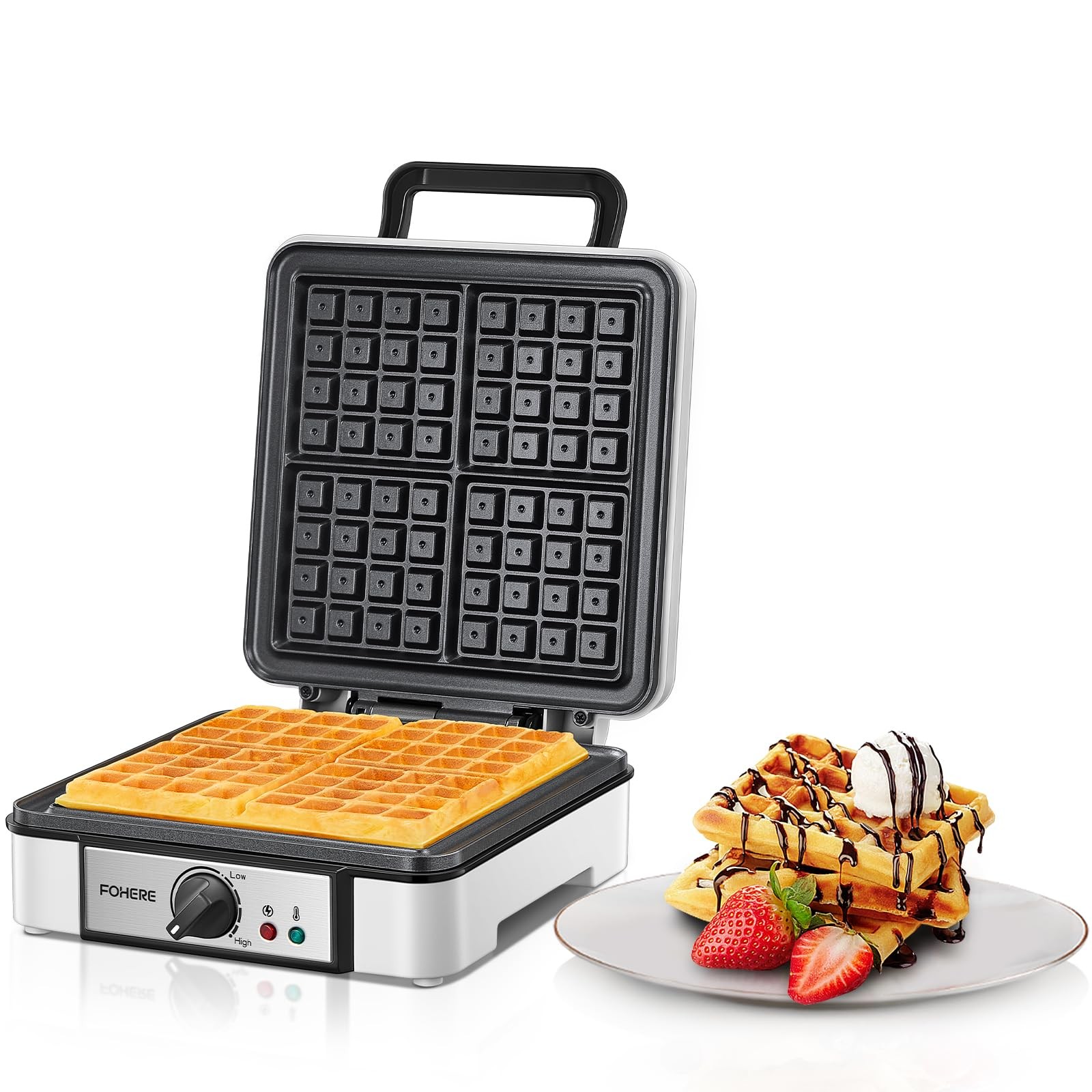 Waffle Maker 4 Slices, 1200W Square Iron, 5 Large, White