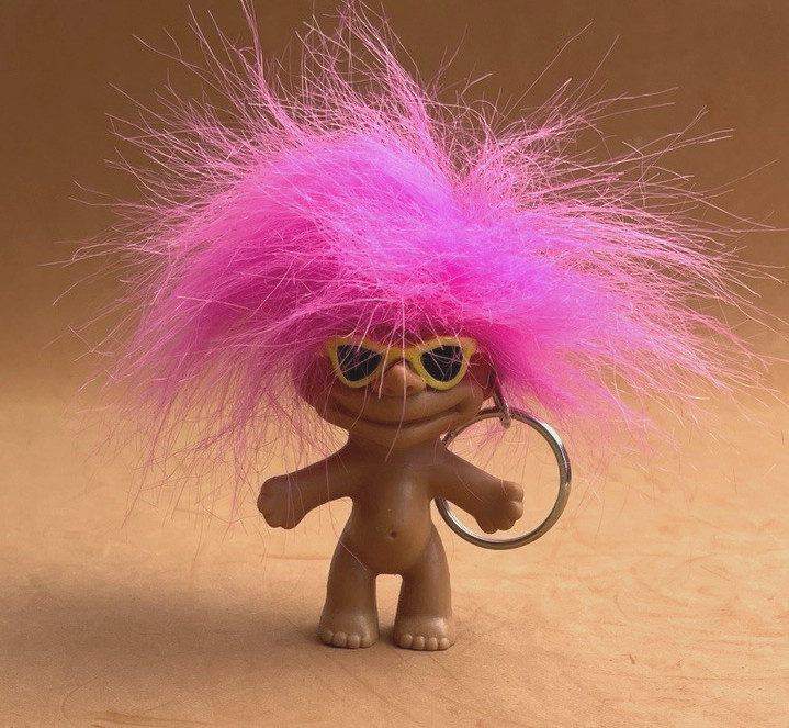 Vintage TROLL KEY RING Total Trollers 1991 Pink Hair Doll with Yellow Sunglasses