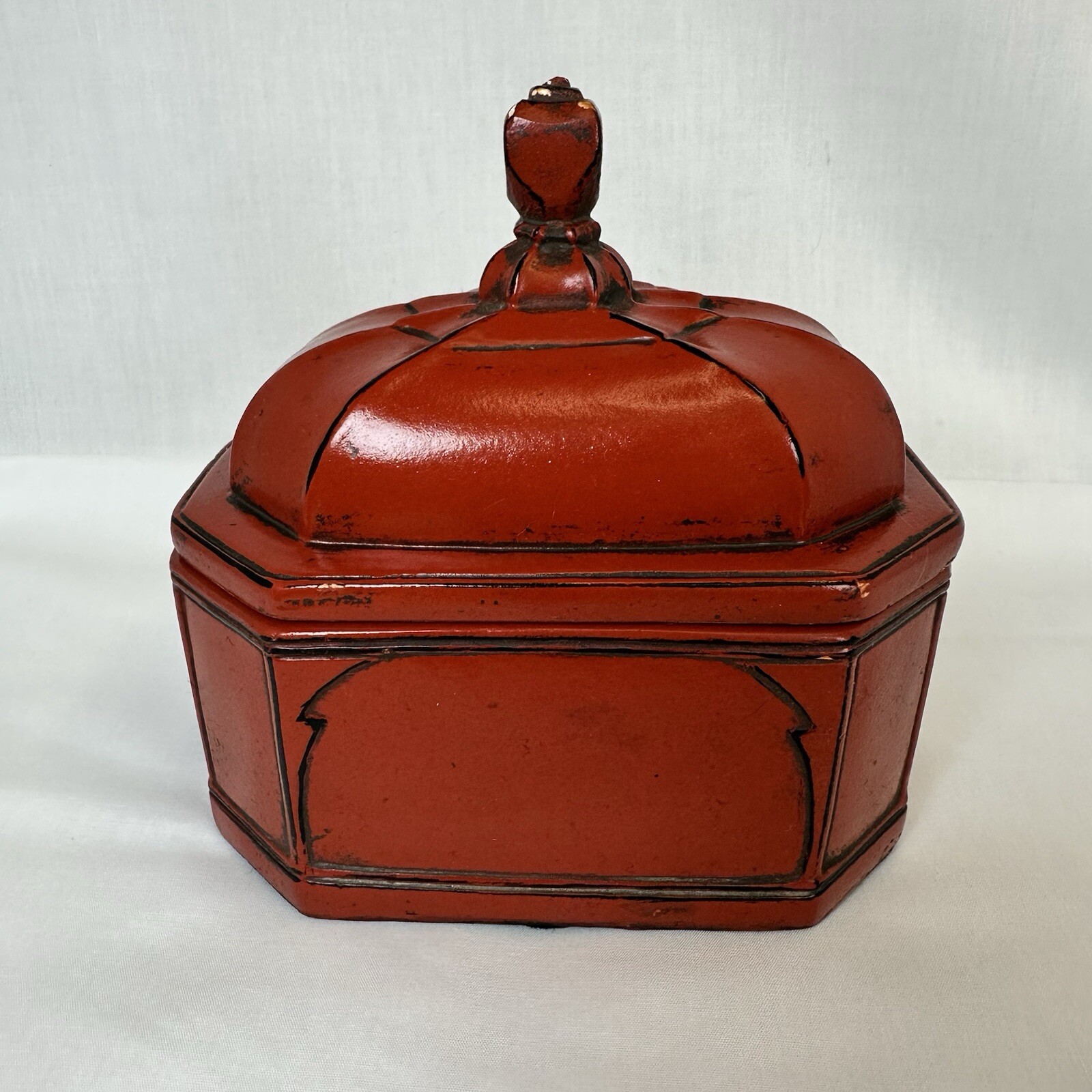 Vintage Borghese Chalkware Trinket Box Red Octagon Lidded Hollywood Regency 5.5\