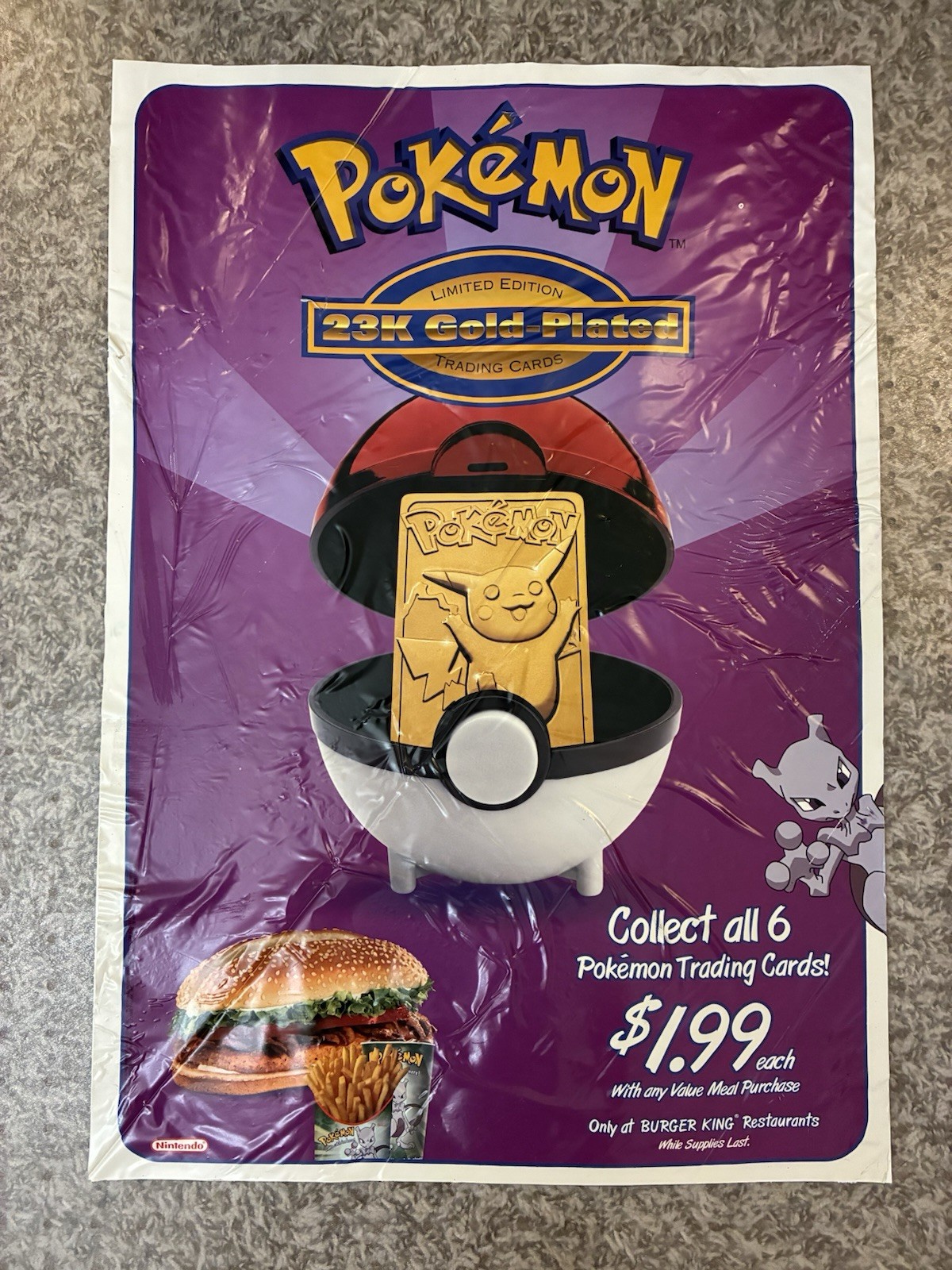 Vtg 1999 Pokemon Burger King GOLD CARD Window Decal Display 23.5\