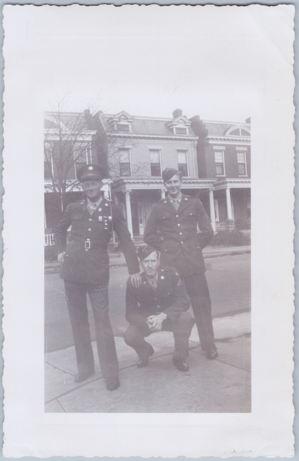1943 WWII U.S. Army Soldiers Posing on Residential Street Photograph