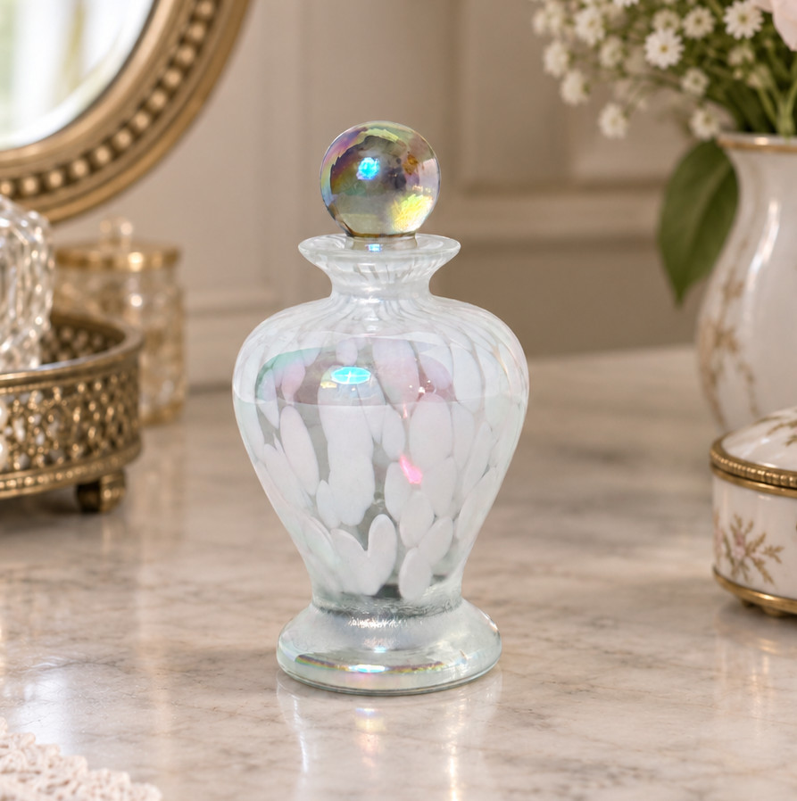Vintage Iridescent Art Glass Perfume Bottle White Feather Swirl Ball Stopper