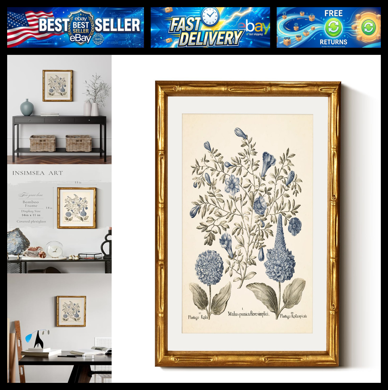 InSimSea Gold Bamboo Framed Wall Art, Retro Blue Hydrangea Prints, 11x14In