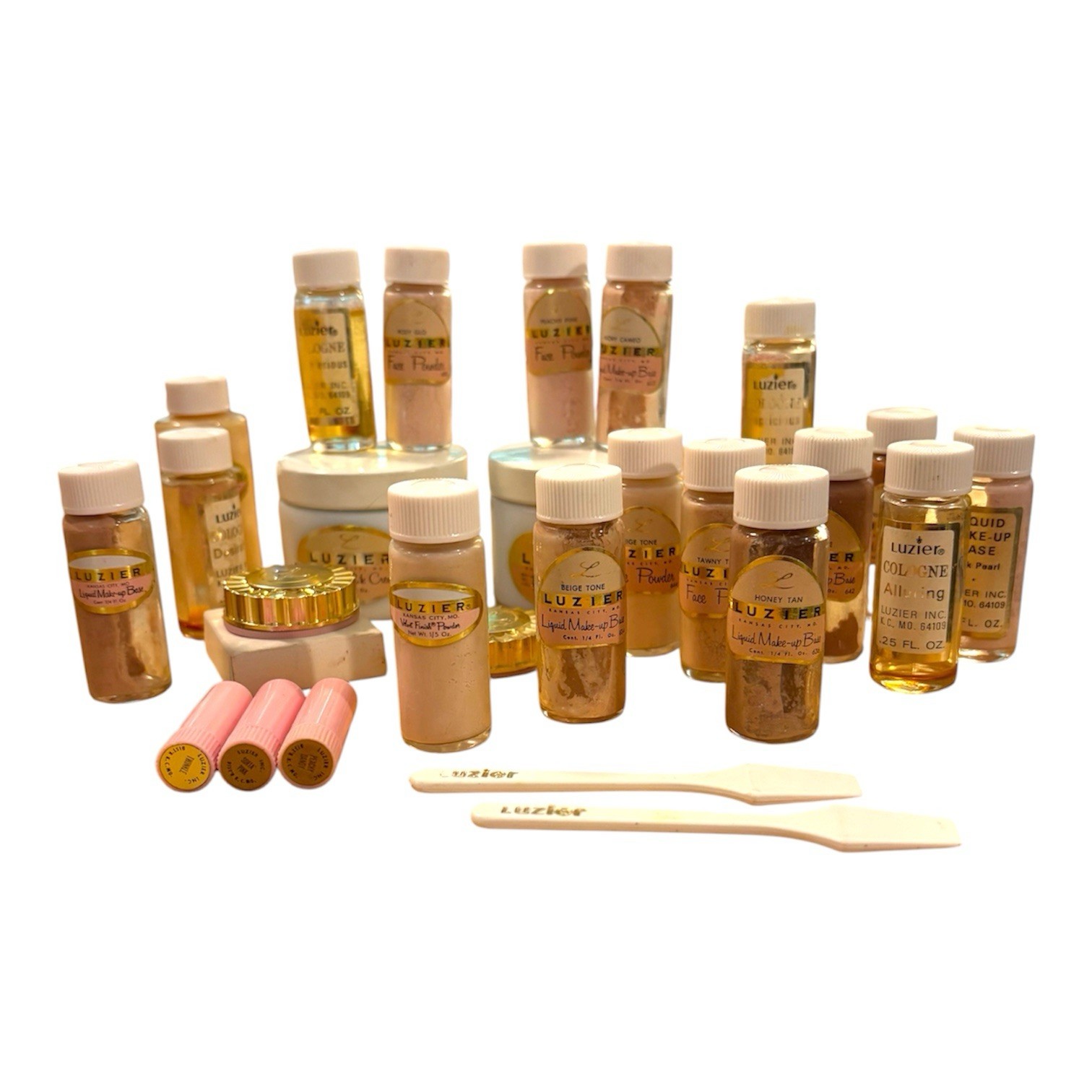Vintage Mid Century Luzier Makeup Foundation Cream White Glass Bottles DISPLAY