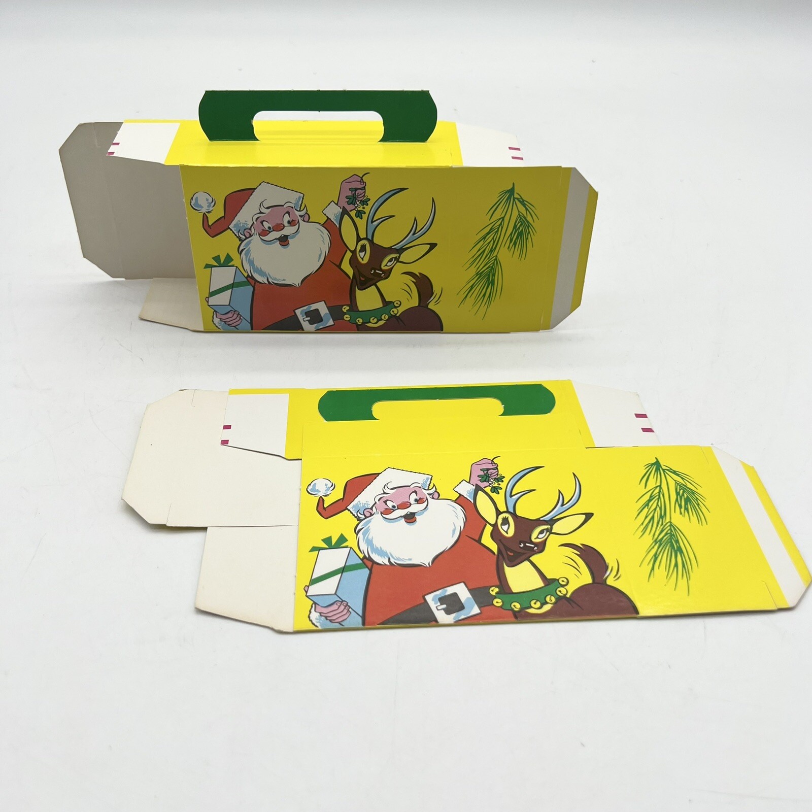 2-Vtg 50s 60s Merry Christmas Santa\'s Deer Paper Fold Gift Candy Boxes w/ Handle