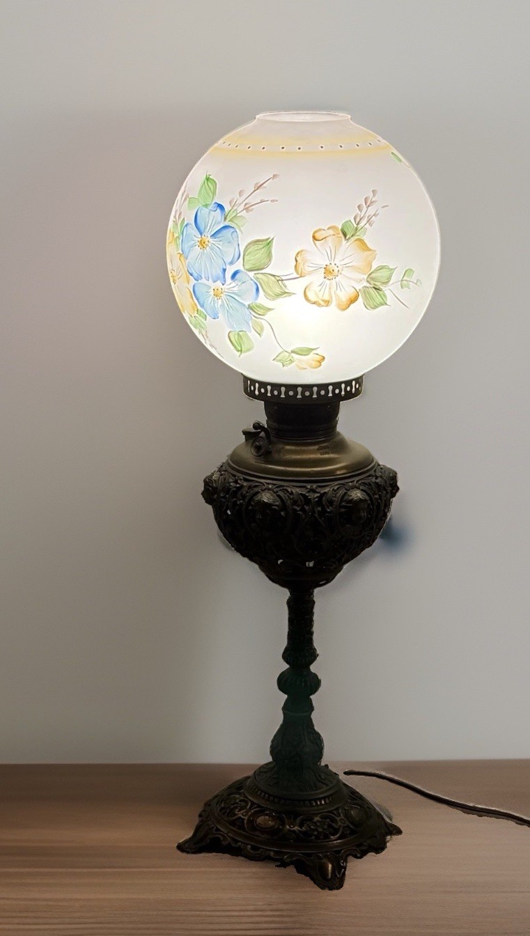Antique Edward Miller Juno Lamp Electric Banquet Parlor GWTW Hand Painted Shade