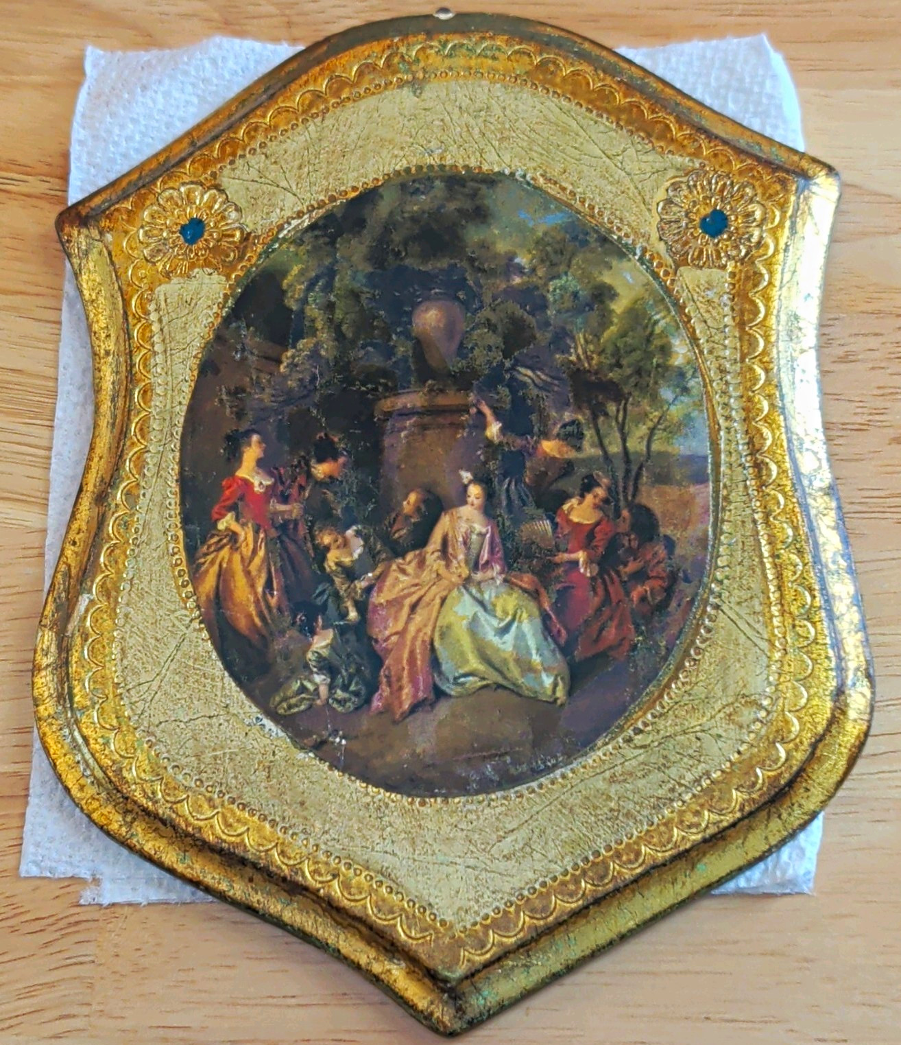 Florentia Antique Handmade Painted Wood Shield Wall Plaque Gold Romantic Figures