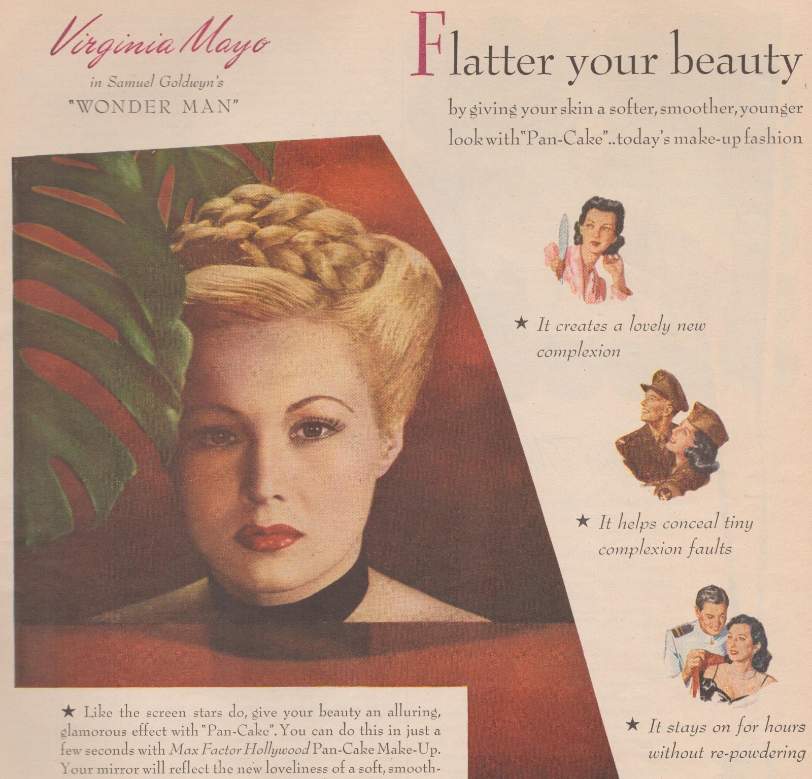 1945 Max Factor Vintage Print Ad Hollywood Make Up Virginia Mayo Cosmetic Beauty