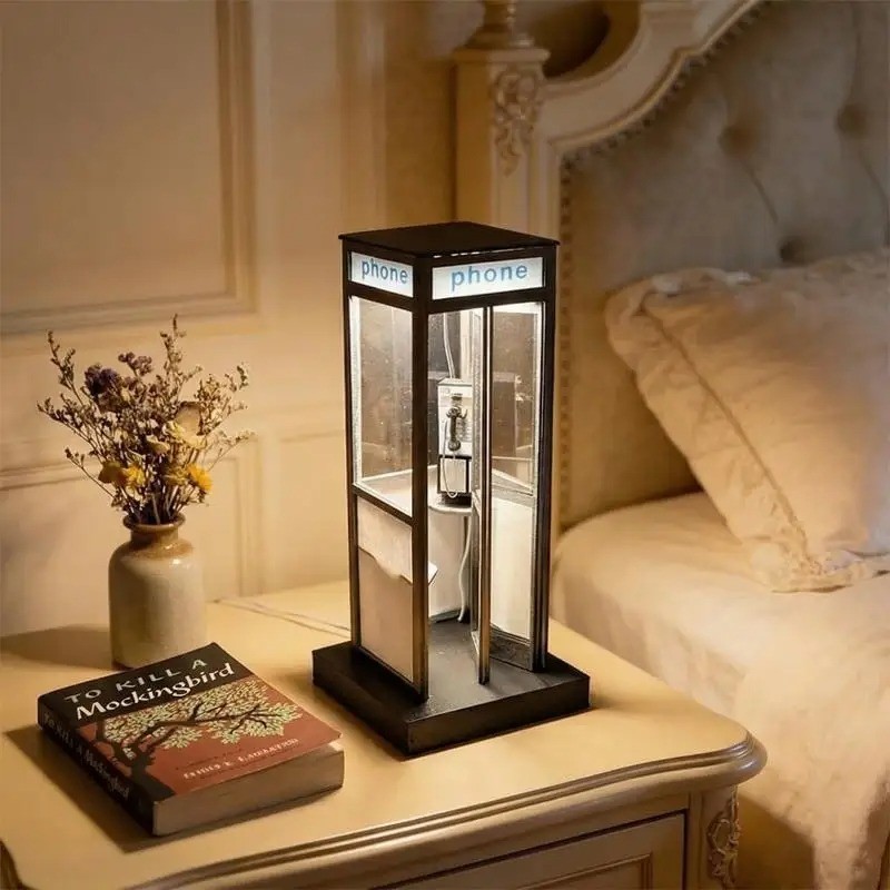 Retro London Red Telephone Booth Lamp Vintage British Desk Nightlight Table Deco