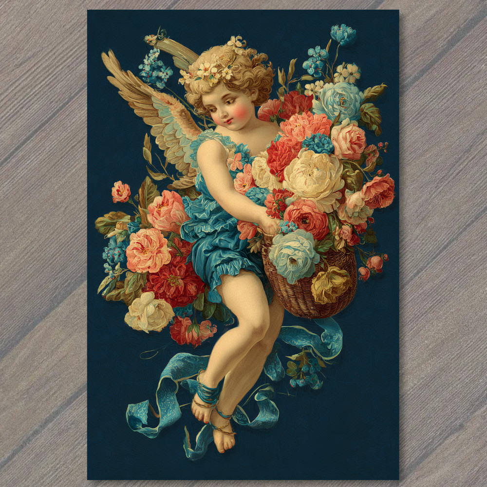 POSTCARD Floral Angel Cherub Basket Roses Blue Dress Romantic Victorian