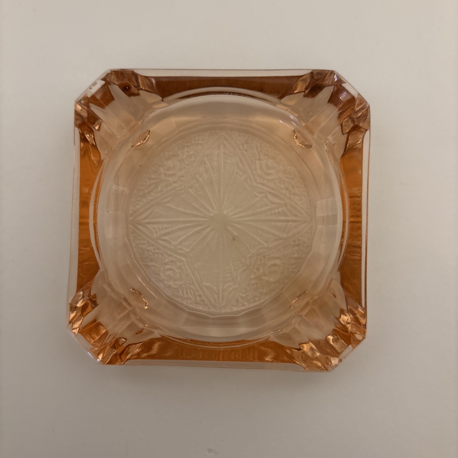 Vintage Pink Depression Glass Square Ashtray 3 1/4” Star Flower Bottom