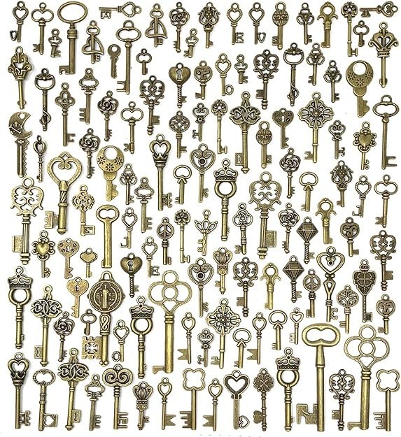 125PCS Vintage Skeleton Key Charms Antique Bronze DIY Jewelry Pendants Mixed Set
