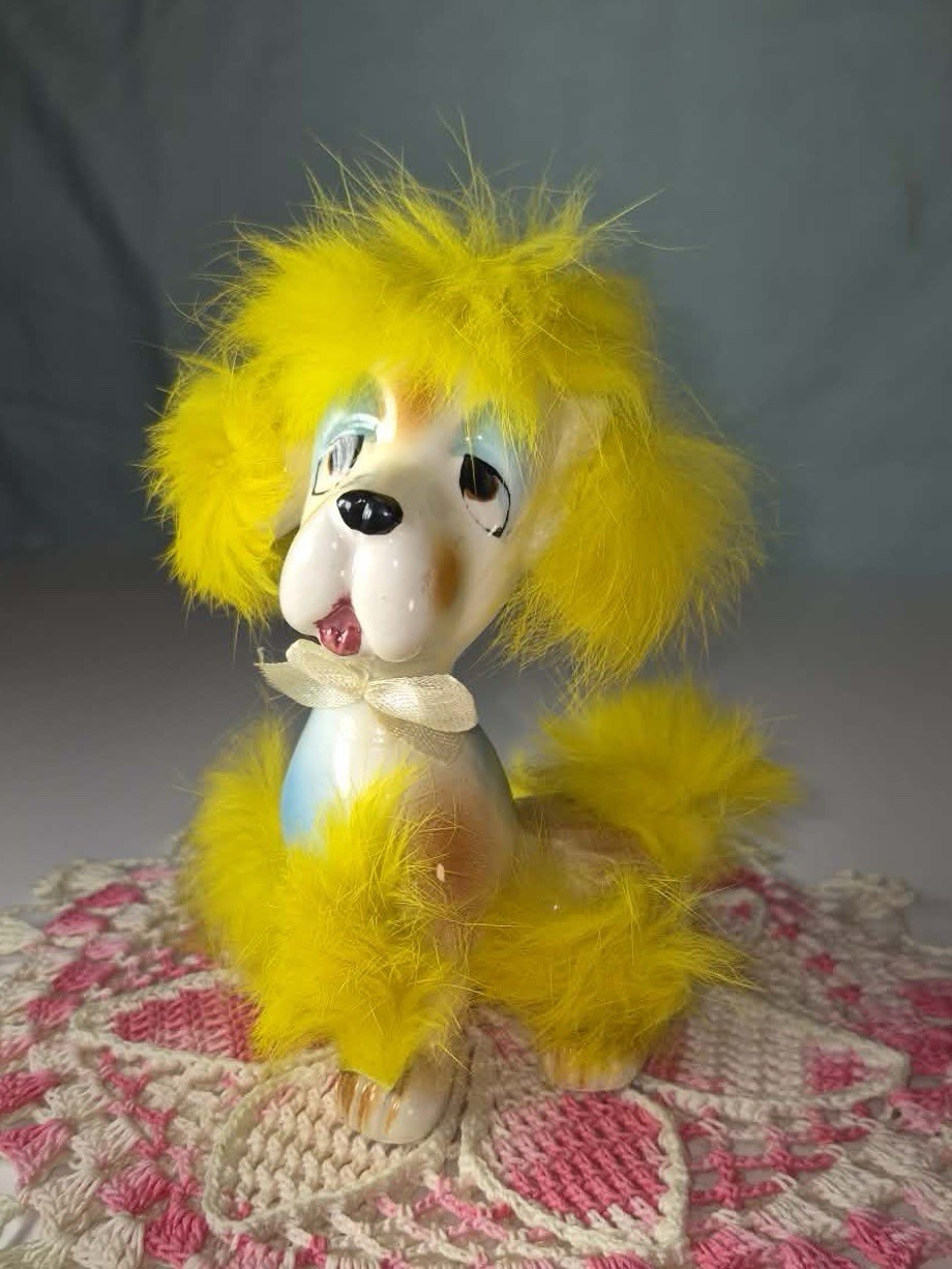 RARE MCM Kitsch Dog Figurine with Yellow Fur Anthropomorphic Kitschy Japan RARE MCM Kitsch Dog Figurine with Yellow Fur Anthropomorphic Kitschy Japan