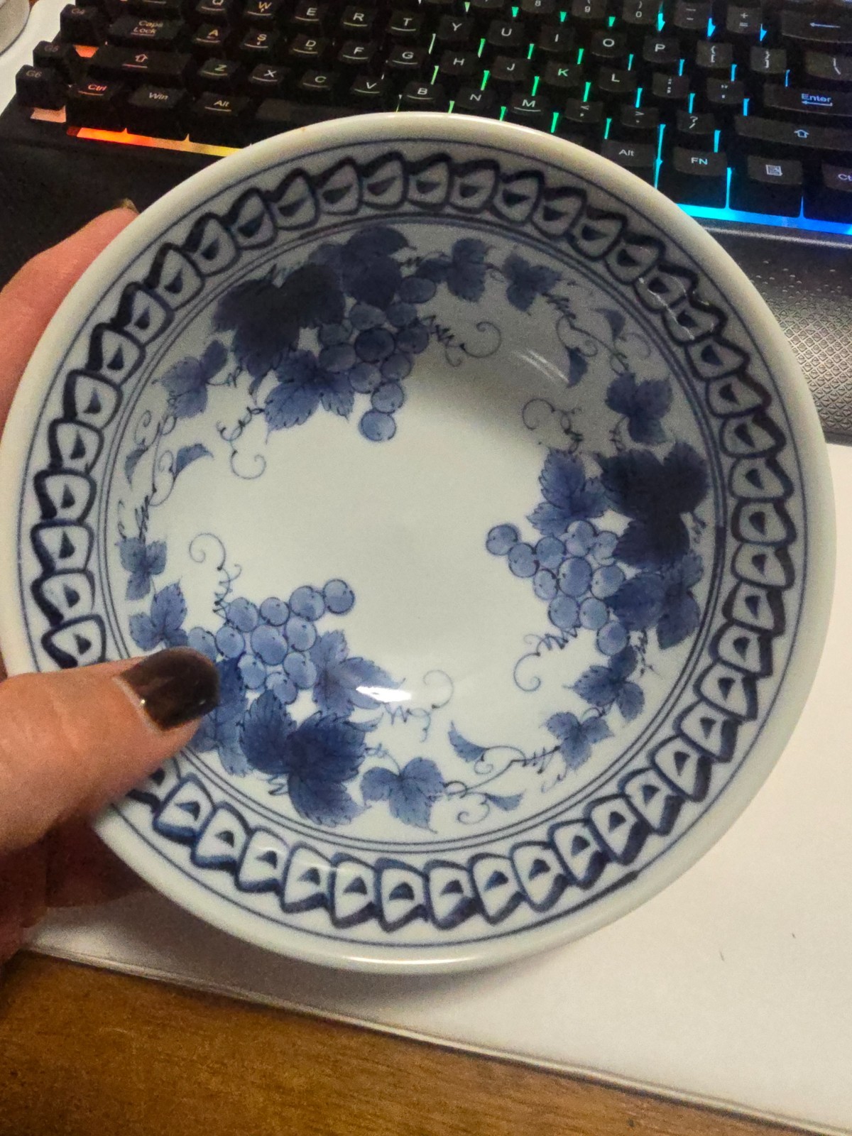 Vintage Japanese Arita Theme Blue and White 8” Bowl with Grape Motif