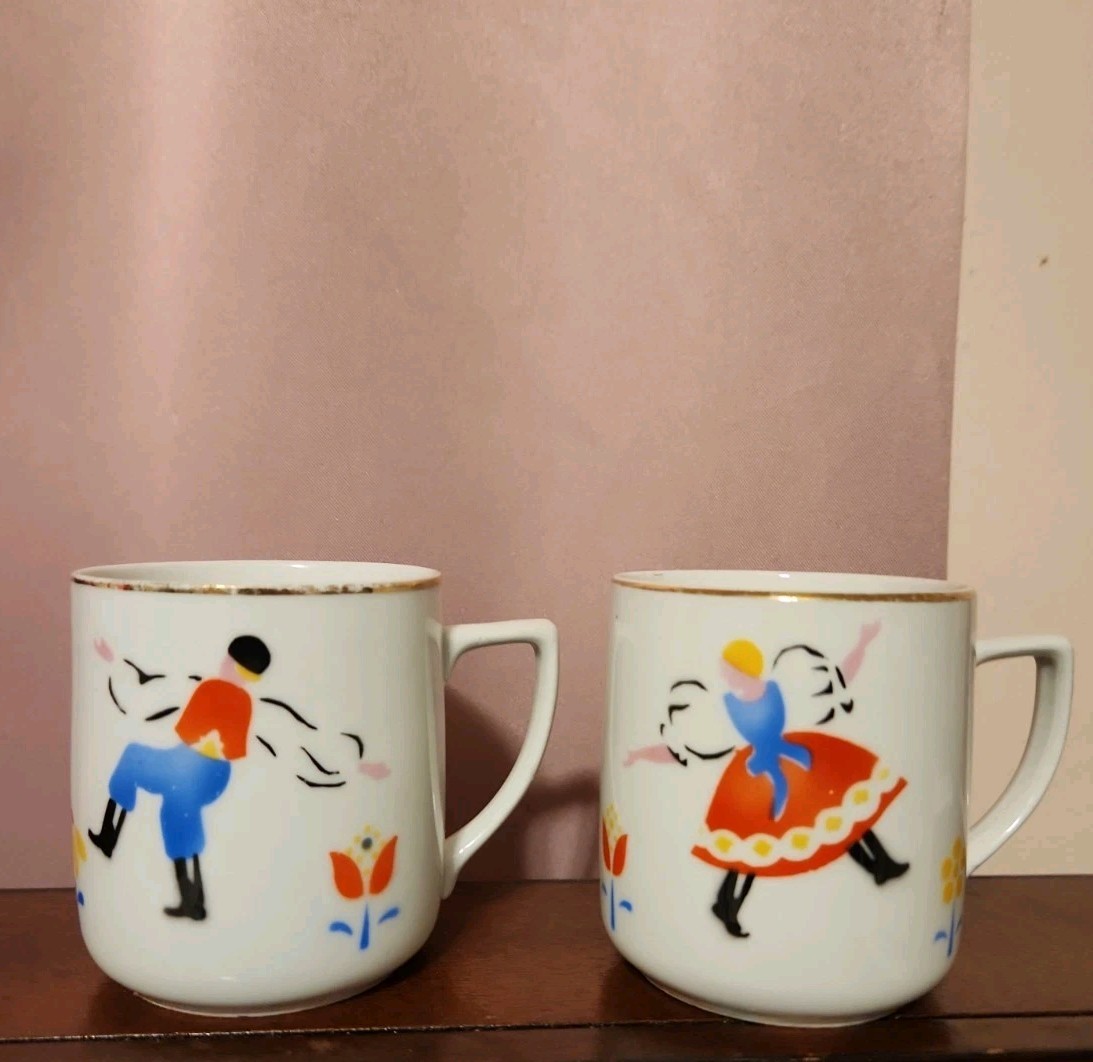 2 Vintage Amphora Porcelain Gold Rimmed Coffee Cup Dancing Czecho-Slovakia EX
