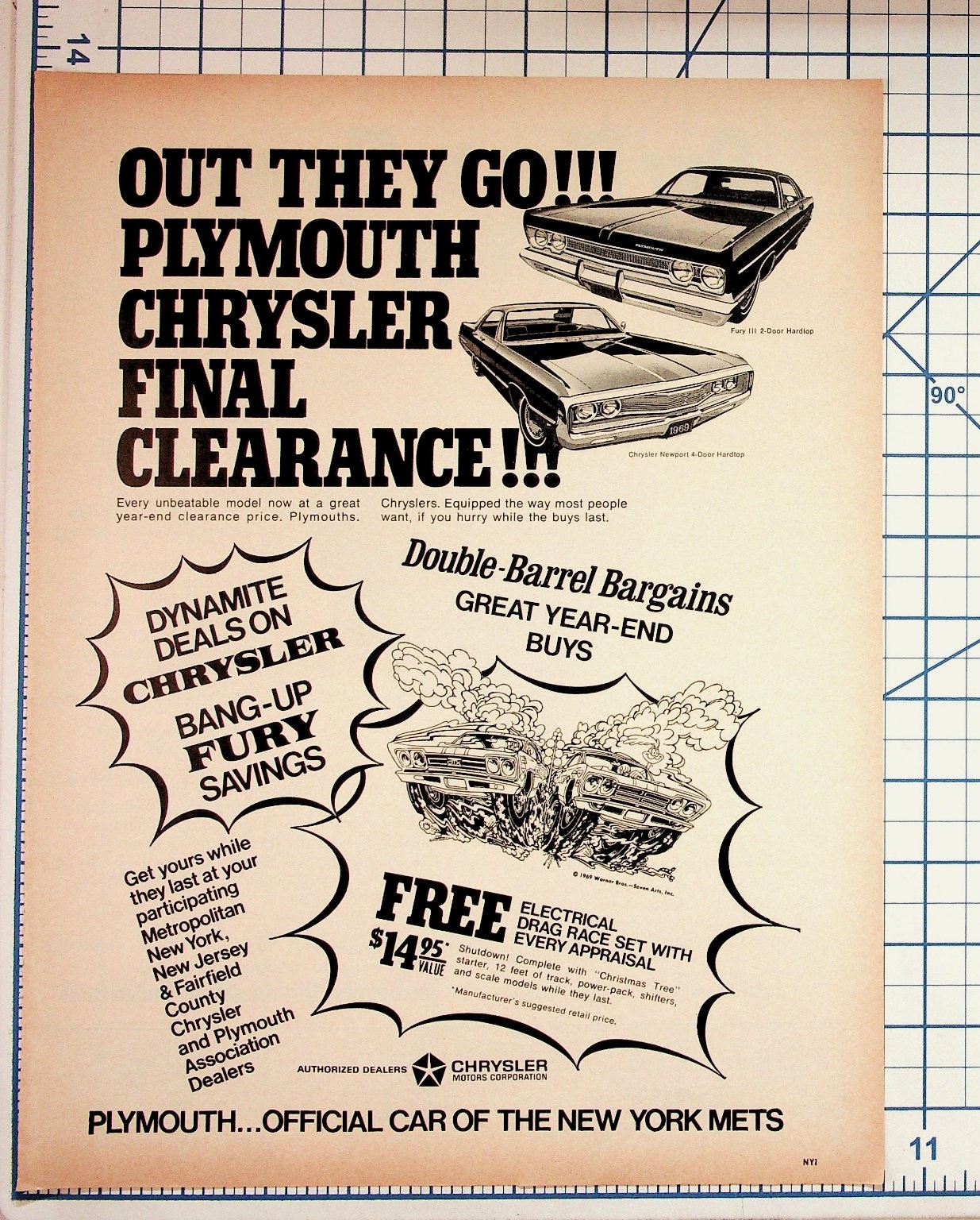1969 Plymouth Chrysler Newport Fury III Magazine Ad New York Mets Drag Race