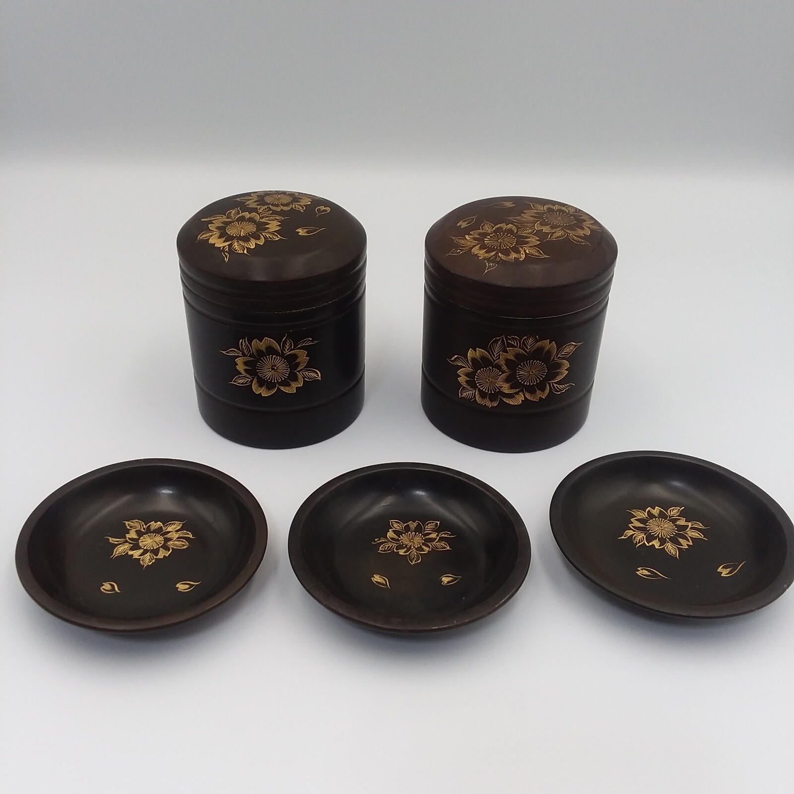 Vintage Maruni Lacquerware Set 2 Canisters 3 Bowls Floral Design Occupied Japan