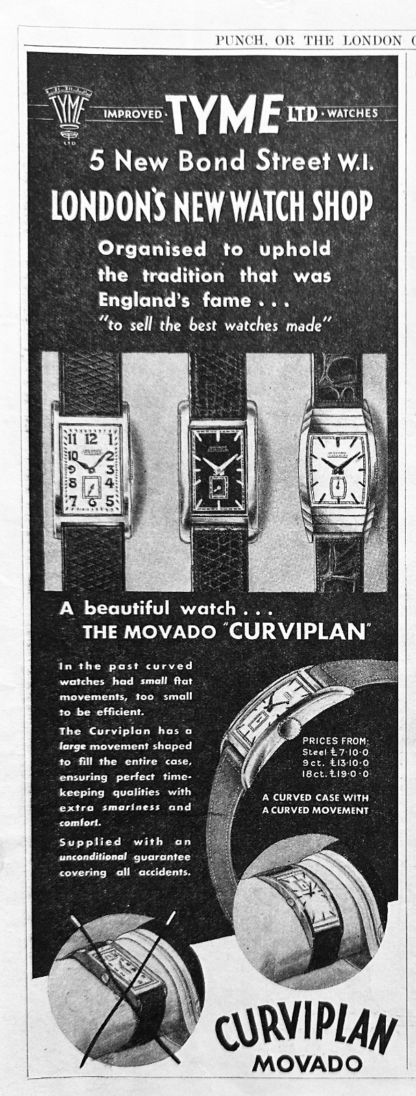 1933 Movado Curviplan Wristwatches - British Ad #N1185