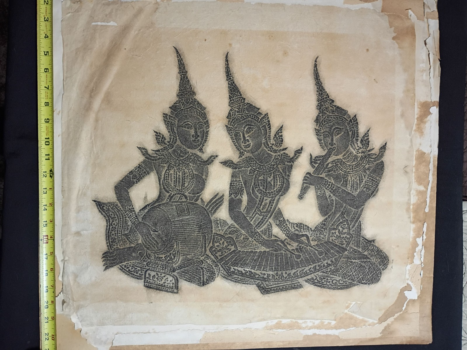 Vintage 1960s Thai Temple Rubbing Three Musicians Rice Paper Thailand Art