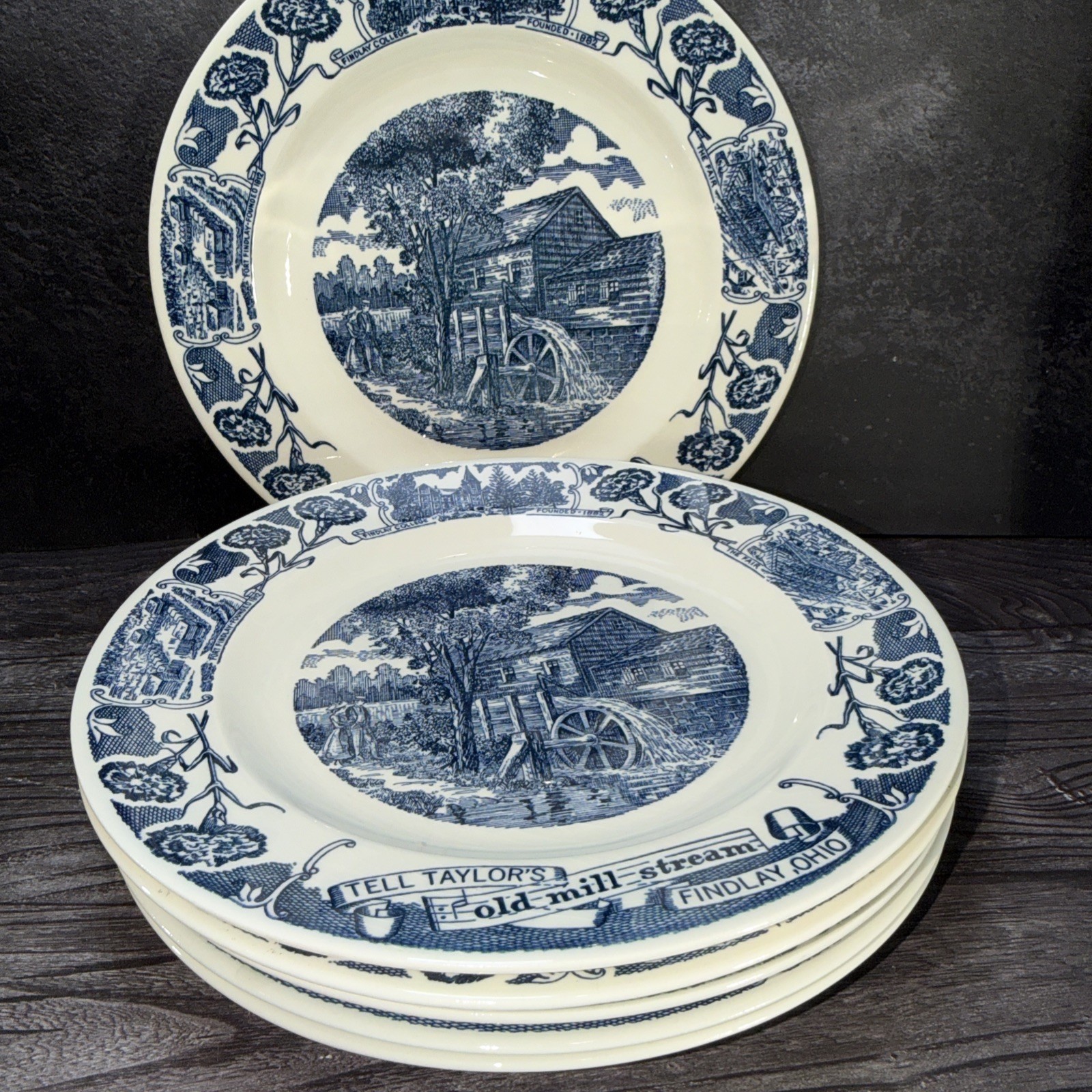VTG Set 6 Blue Transferware Findlay Ohio Old Mill Stream Plate College Music