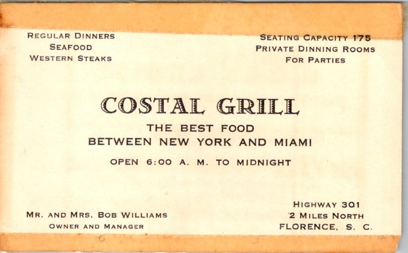 Coastal Grill Business Card 1940s Florence SC Highway 301 Mileage Chart Coastal Grill Business Card 1940s Florence SC Highway 301 Mileage Chart