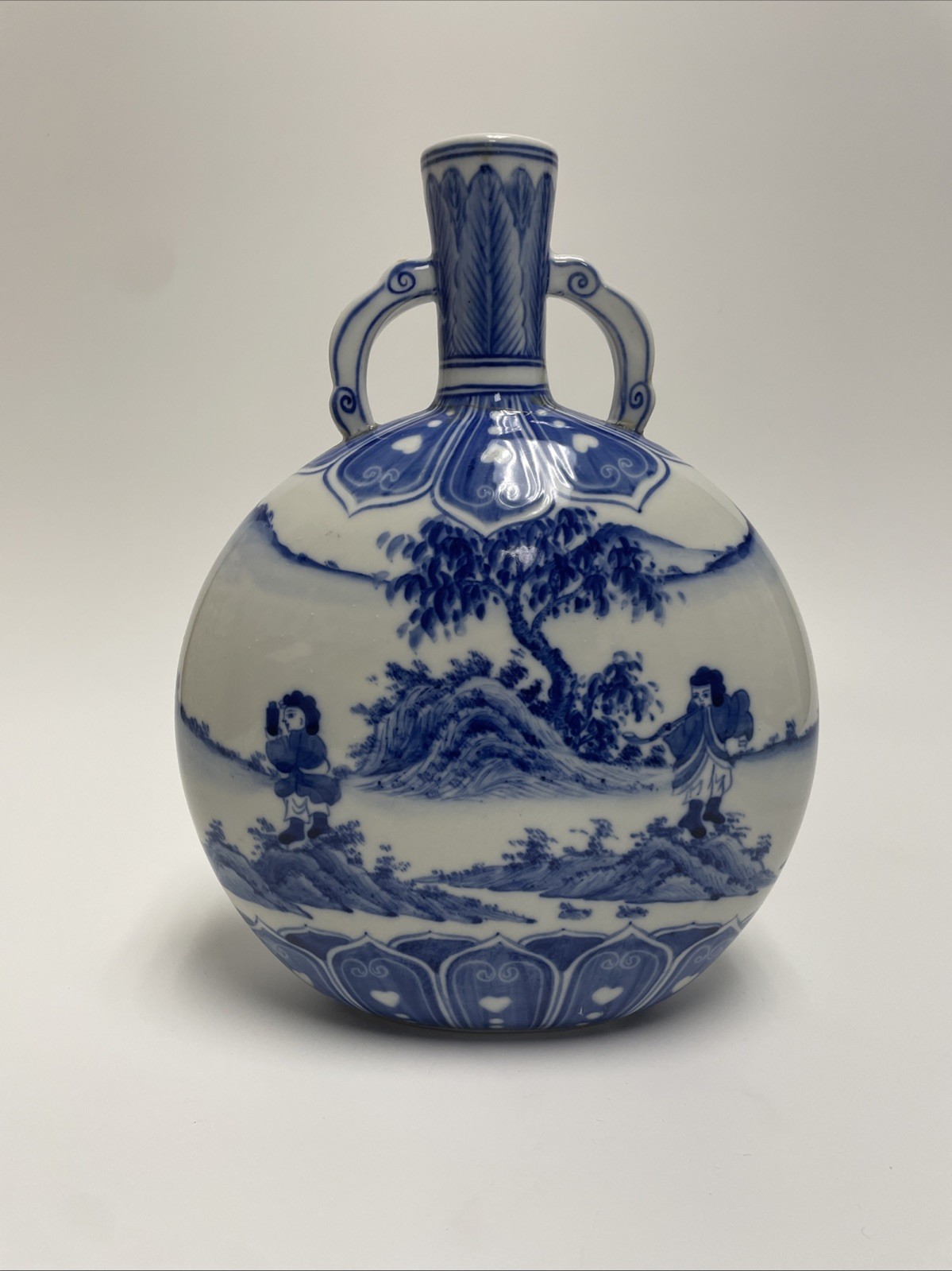 Vintage Chinese Blue White Double Handle Moon Flask Porcelain Vase