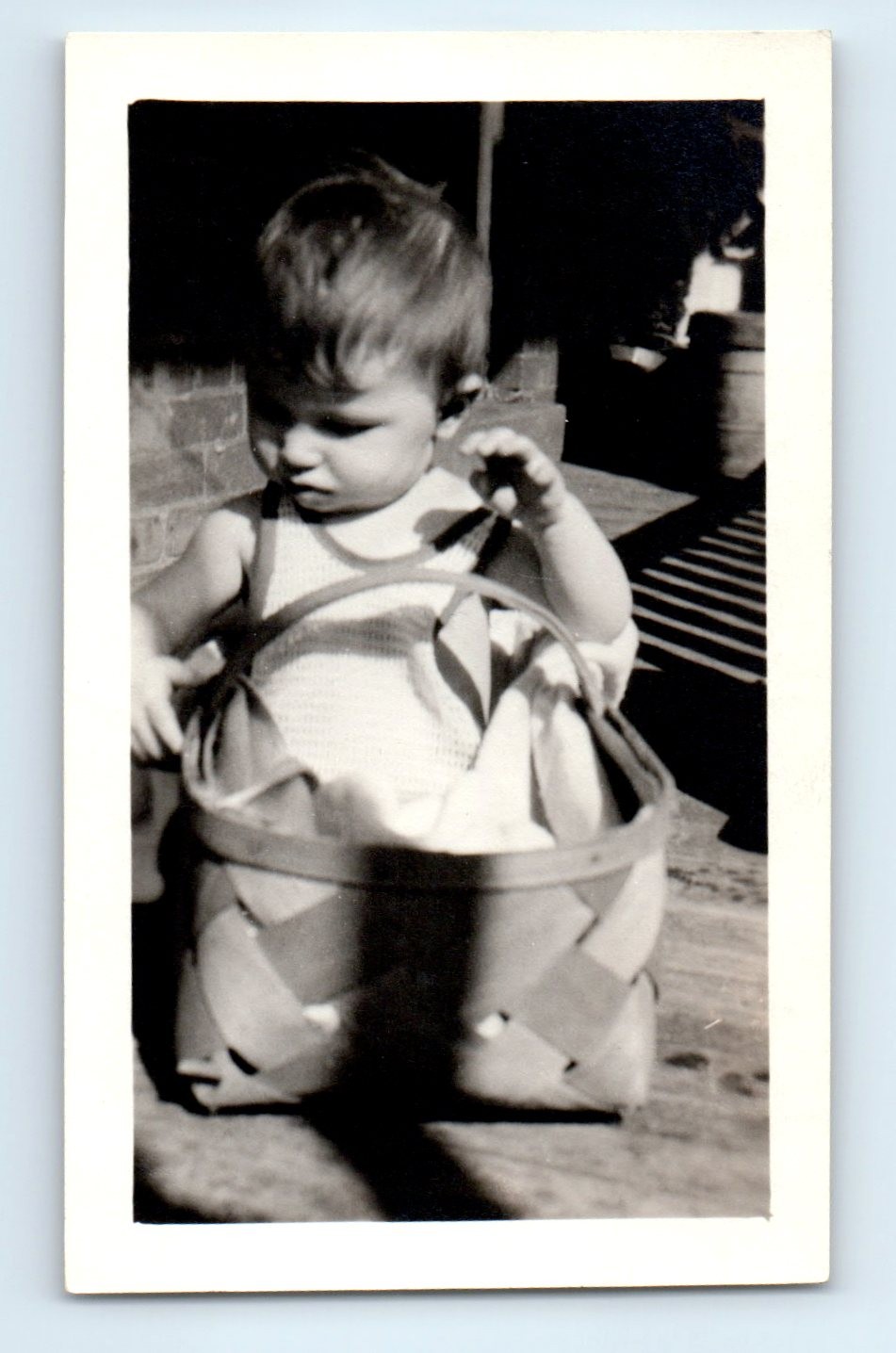 Old Vintage Photo FUNNY HUMOROUS SOLO BOY SITTING IN BASKET SNAPSHOT