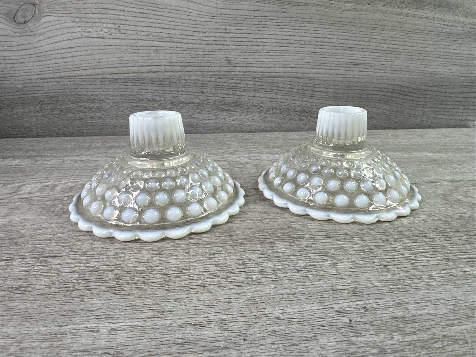 Vintage Set of 2 Opalescent Taper Candle Holders Moonstone Hobnail