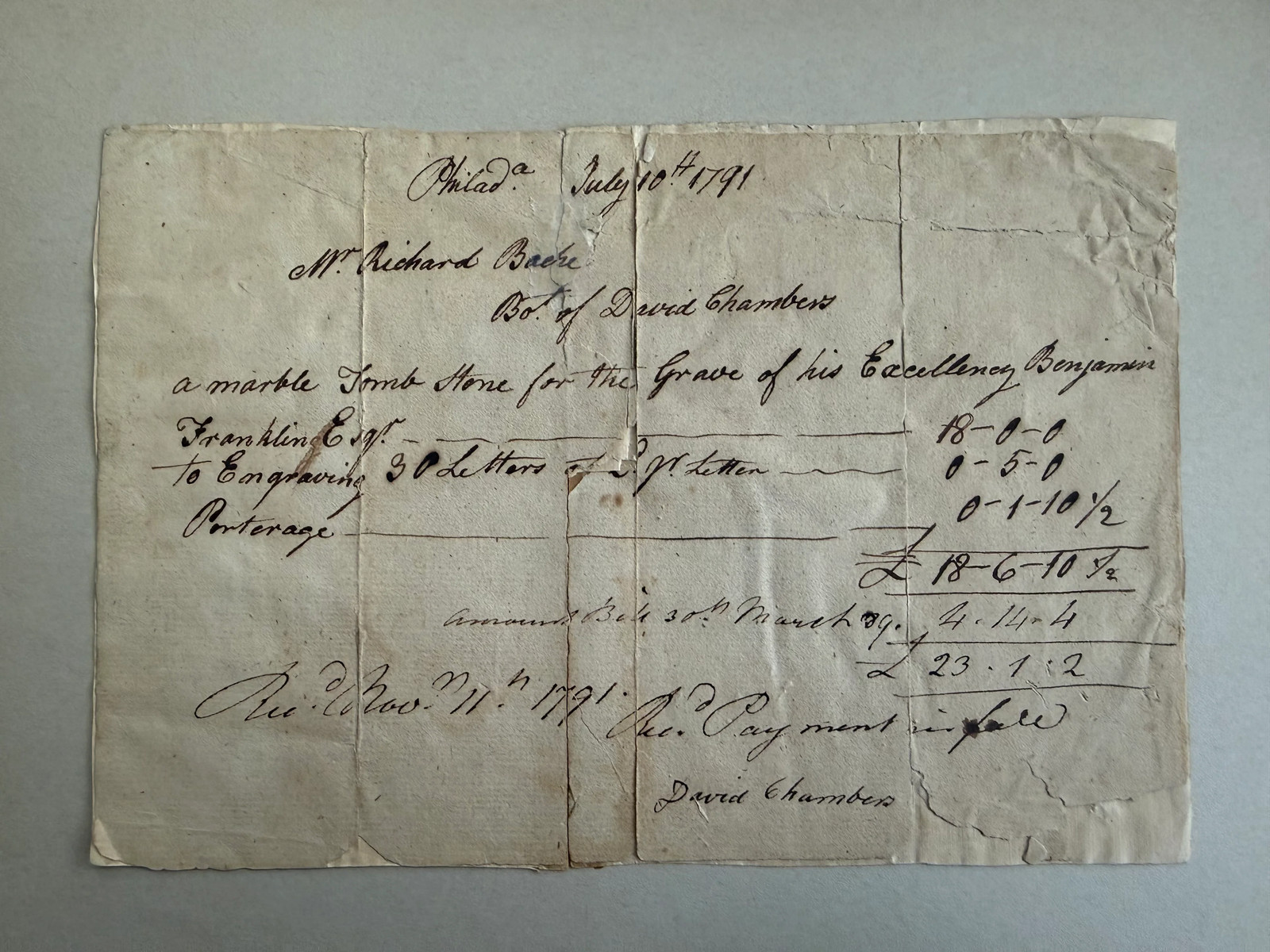 The Original 1791 Invoice for Benjamin Franklin’s Marble Gravestone — Paid by