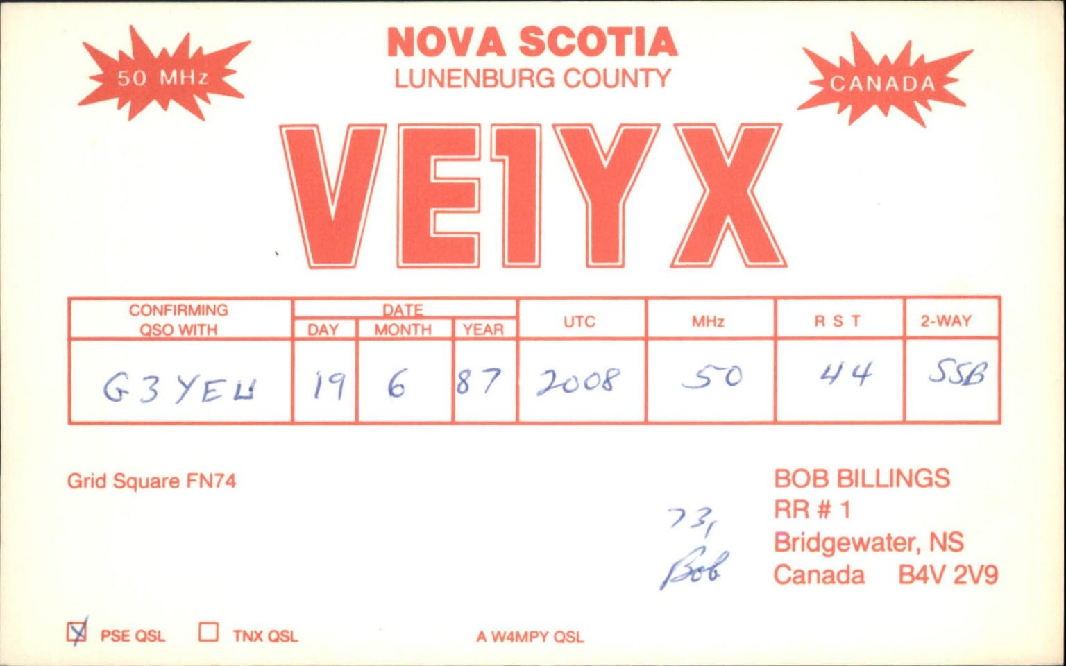 Vintage VE1YX Nova Scotia QSL Card 50 MHz SSB Amateur Radio G3YEU