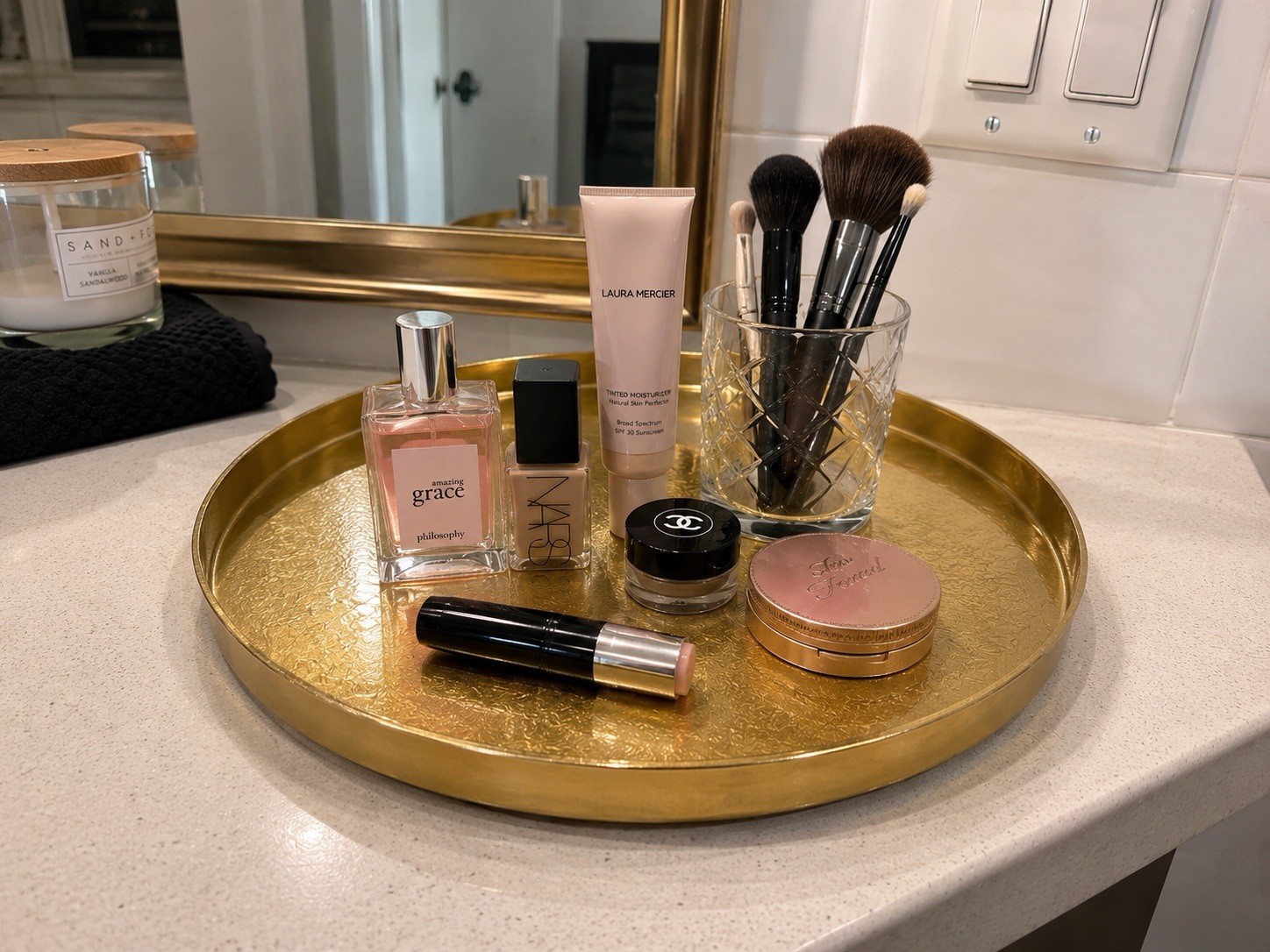 Large Round Gold-Tone Metal Vanity Tray Decorative Countertop Tray