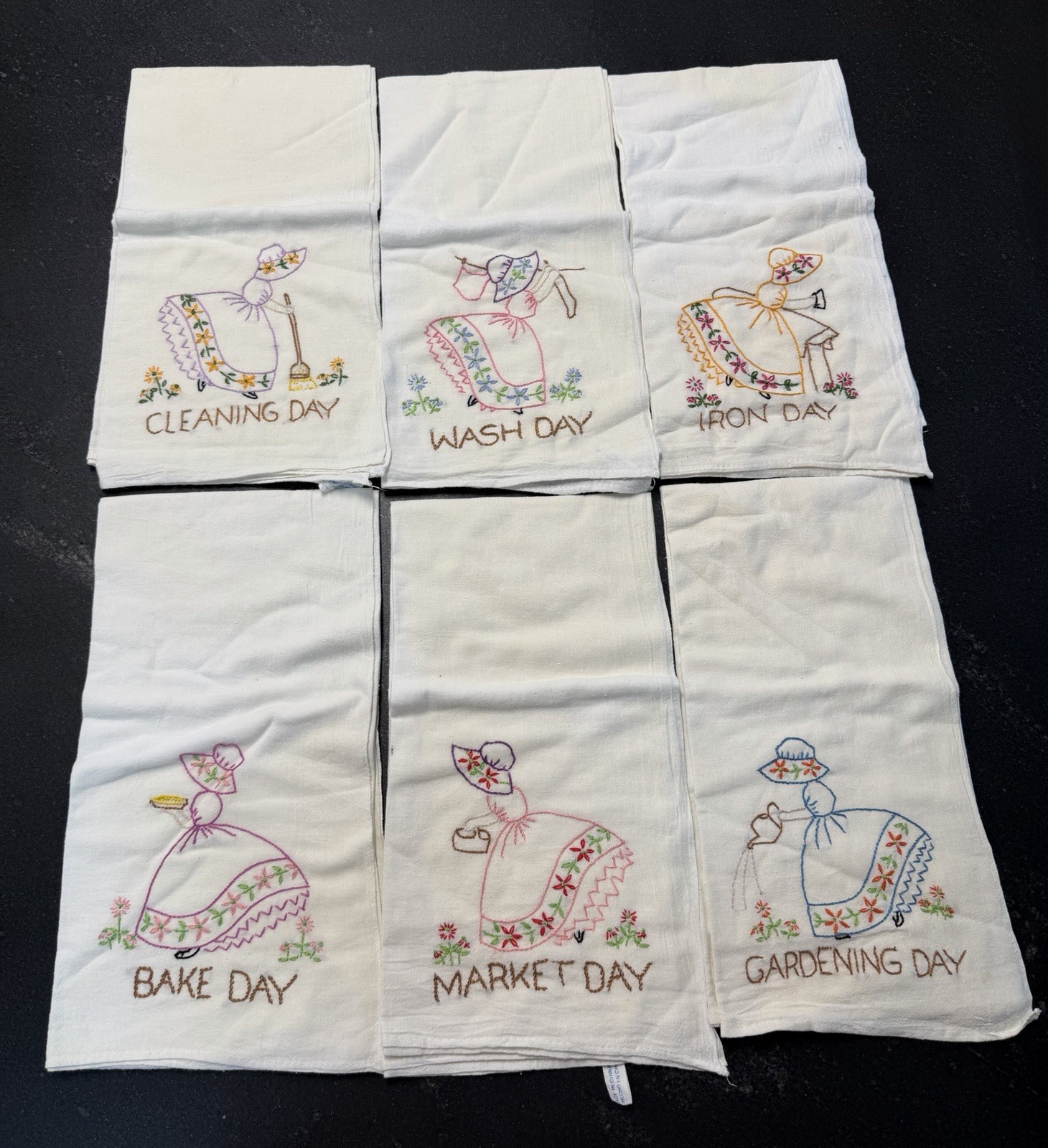 Embroidered Southern Belle Kitchen Towels Set 6 Days of Week 28x30 Cotton