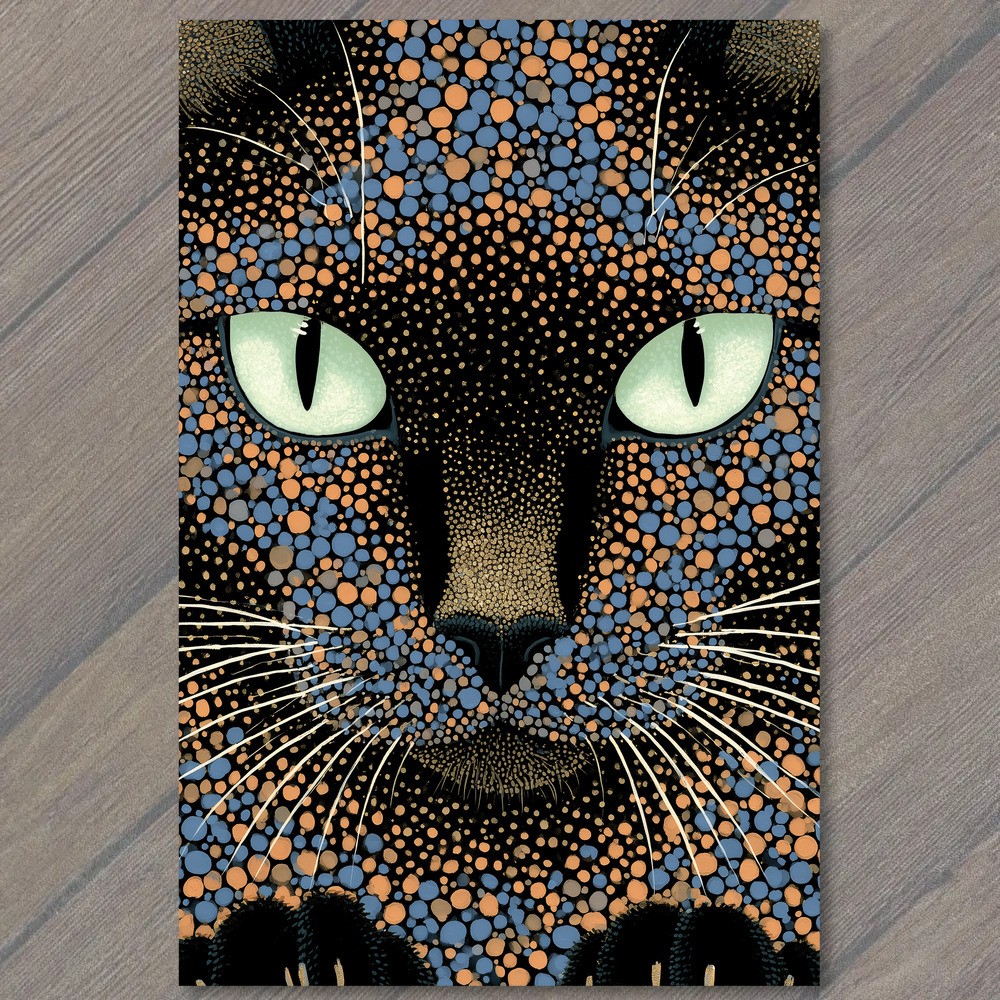 POSTCARD Cat Closeup Dotted Pattern Green Eyes Whiskers Abstract Spots Night