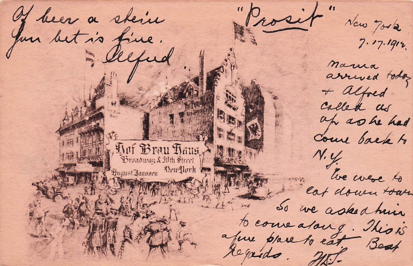 Postcard Vin(1)NY,York Station,Hof BrauH aus,Broadway & 90thSt P 7/17/1912 (927)