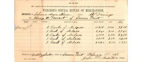 1881 US Customs Form Somers Point NJ Melado Sugar Anson Stimson Document 1881 US Customs Form Somers Point NJ Melado Sugar Anson Stimson Document