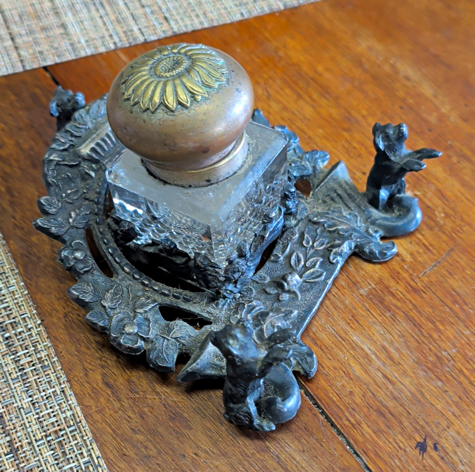 Vintage Ornate Sunflower Metal Inkwell Stand w/ Glass Ink Bottle and Hinged Lid