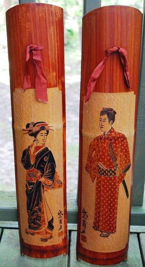 Vtg Pair SIGNED Hand Carved Painted Japan BAMBOO WALL ART PANELS Geisha &Samurai