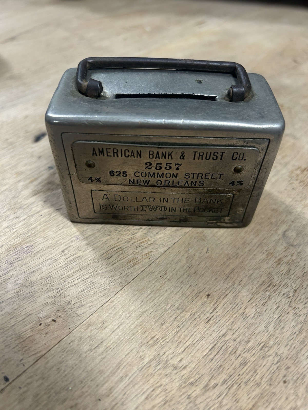 Vintage American Bank & Trust Co New Orleans Promotional Metal Coin Bank #2557 Vintage American Bank & Trust Co New Orleans Promotional Metal Coin Bank #2557
