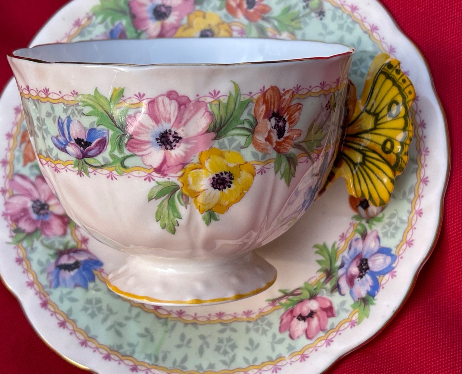 Vintage 1930's Aynsley Butterfly Handle Floral Pattern Tea Cup Saucer Very Rare Vintage 1930's Aynsley Butterfly Handle Floral Pattern Tea Cup Saucer Very Rare