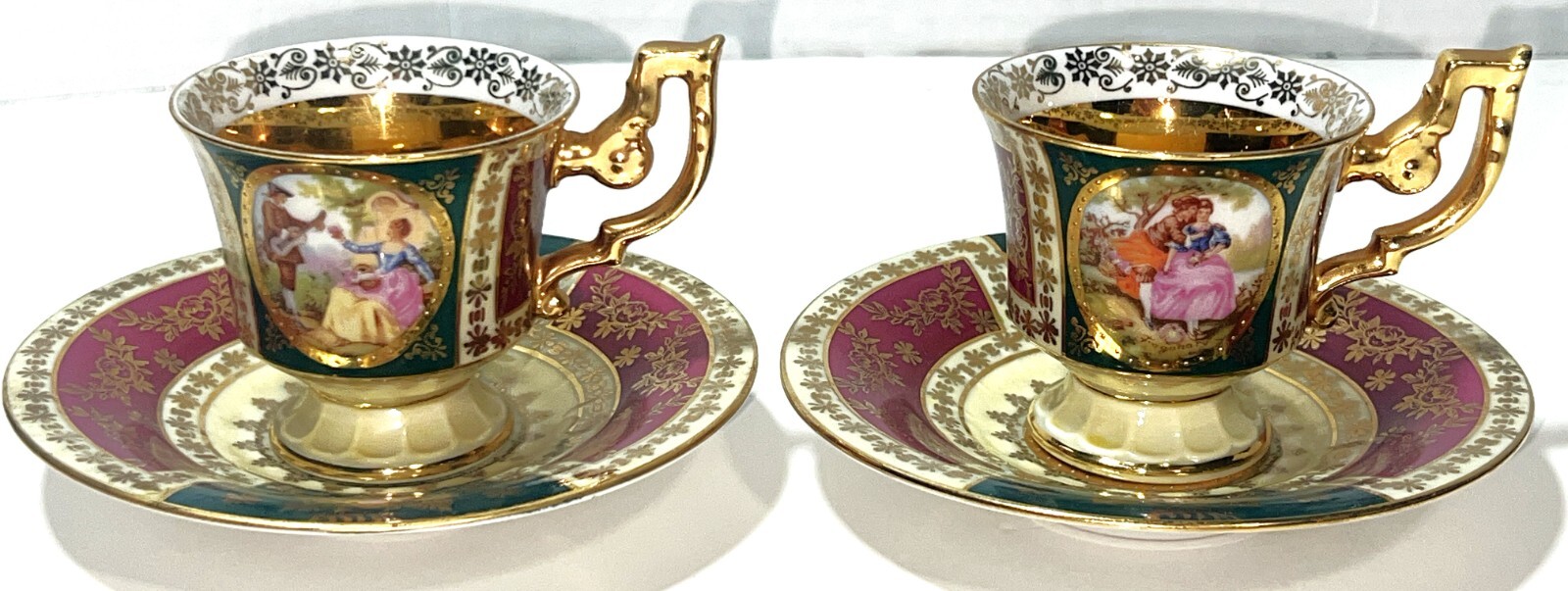 VTG JKW J K W Carlsbad Decor Germany Gold Love Story Couple Footed Teacup Saucer