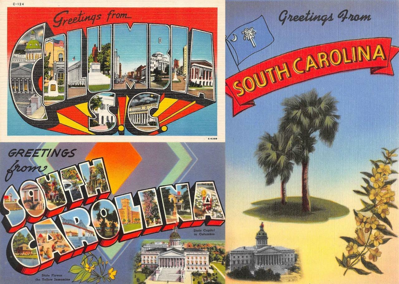 3~Postcards  COLUMBIA & SOUTH CAROLINA SC Large Letter Linen Greetings  ca1940\'s
