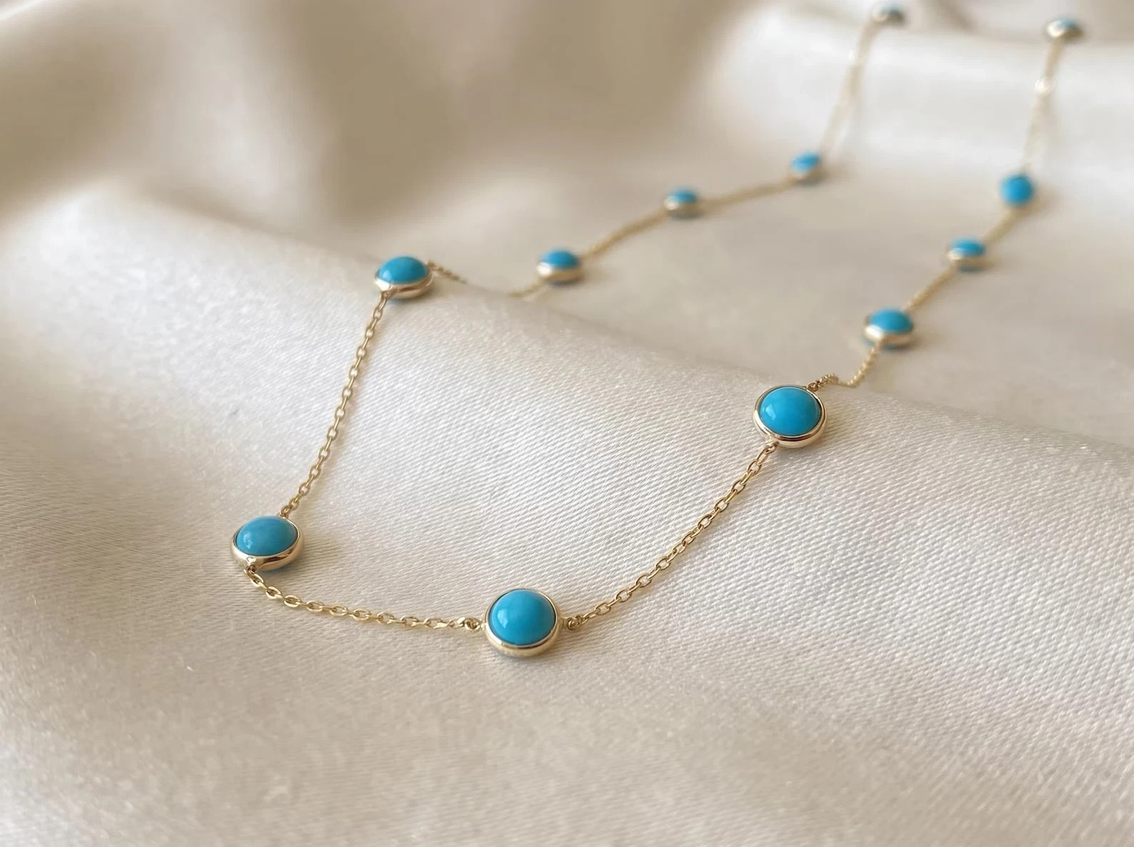Bezel Set Sleeping Beauty Turquoise Station Necklace 14k White Gold Plated 18\'\'