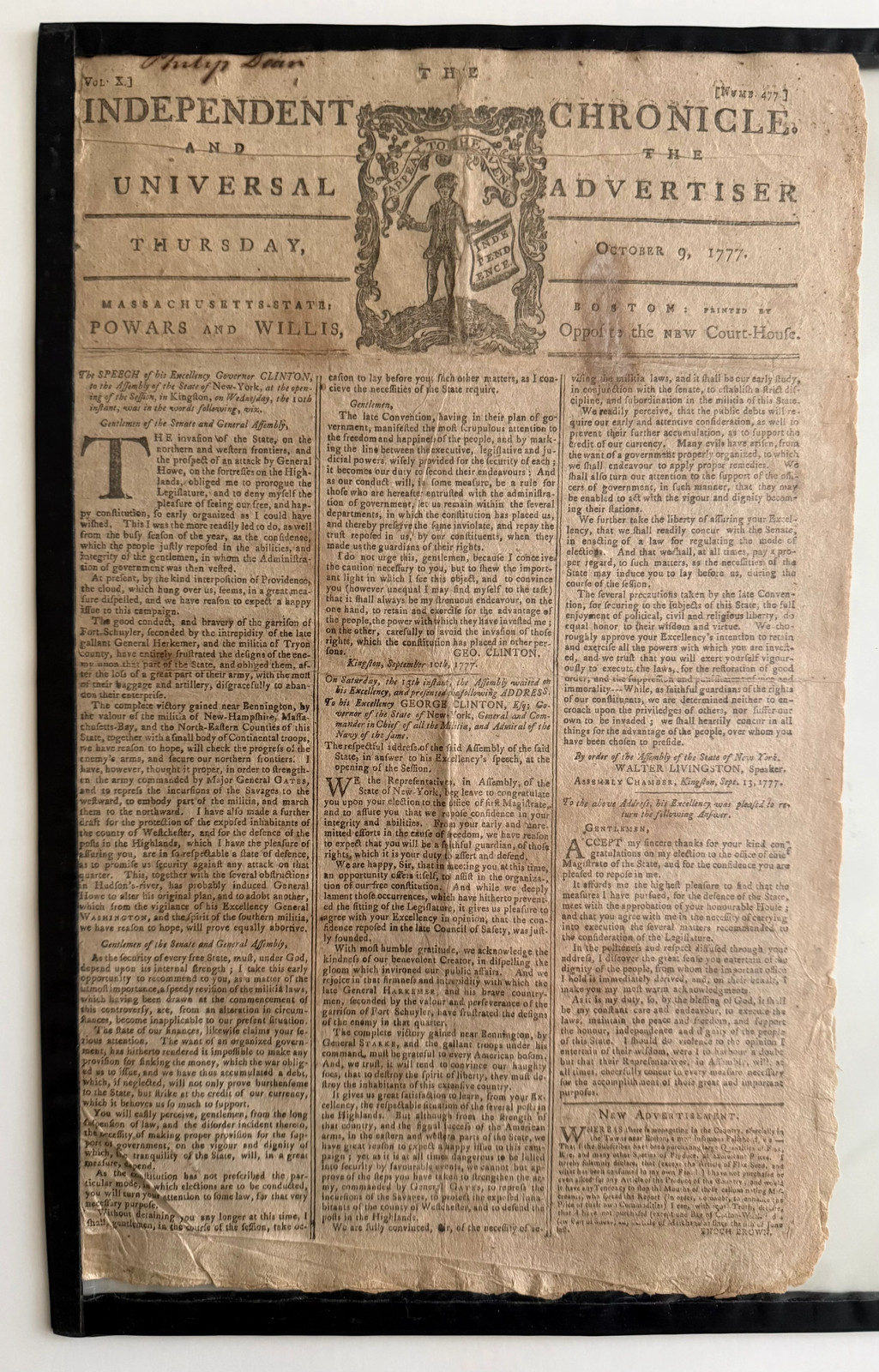 1777 Revolutionary War Newspaper – Independent Chronicle – George Clinton –